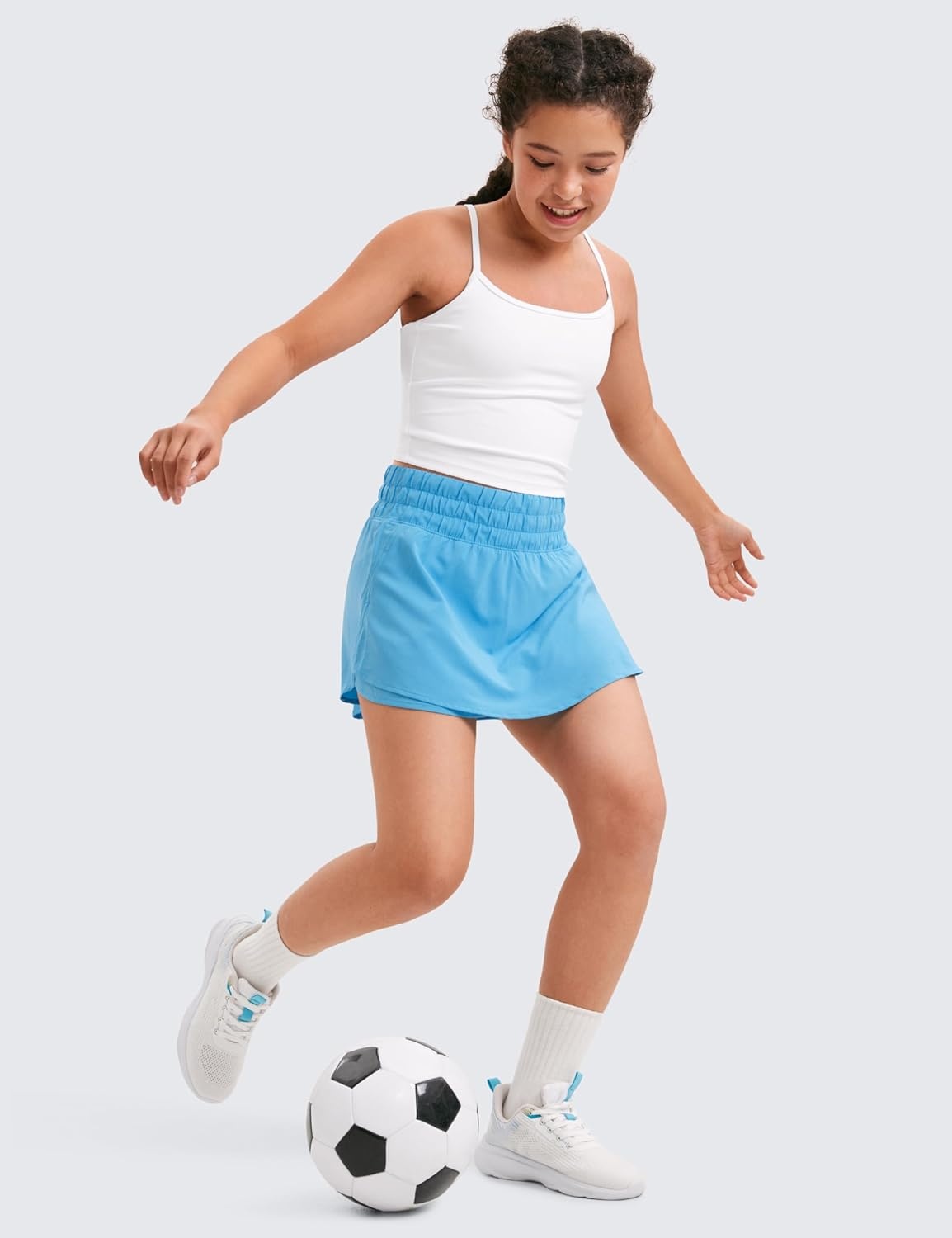 image:imageCRZ YOGA Girls FeatheryFit Soft Skirty Athletic Shorts Tennis Soccer Casual Flowy Ruffle Zip Pocket Liner Kids TeenKayak Blue