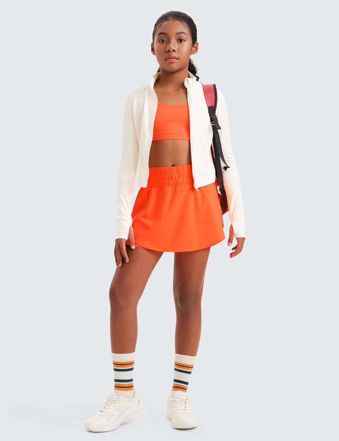 image:imageCRZ YOGA Girls FeatheryFit Soft Skirty Athletic Shorts Tennis Soccer Casual Flowy Ruffle Zip Pocket Liner Kids TeenNeon Orange