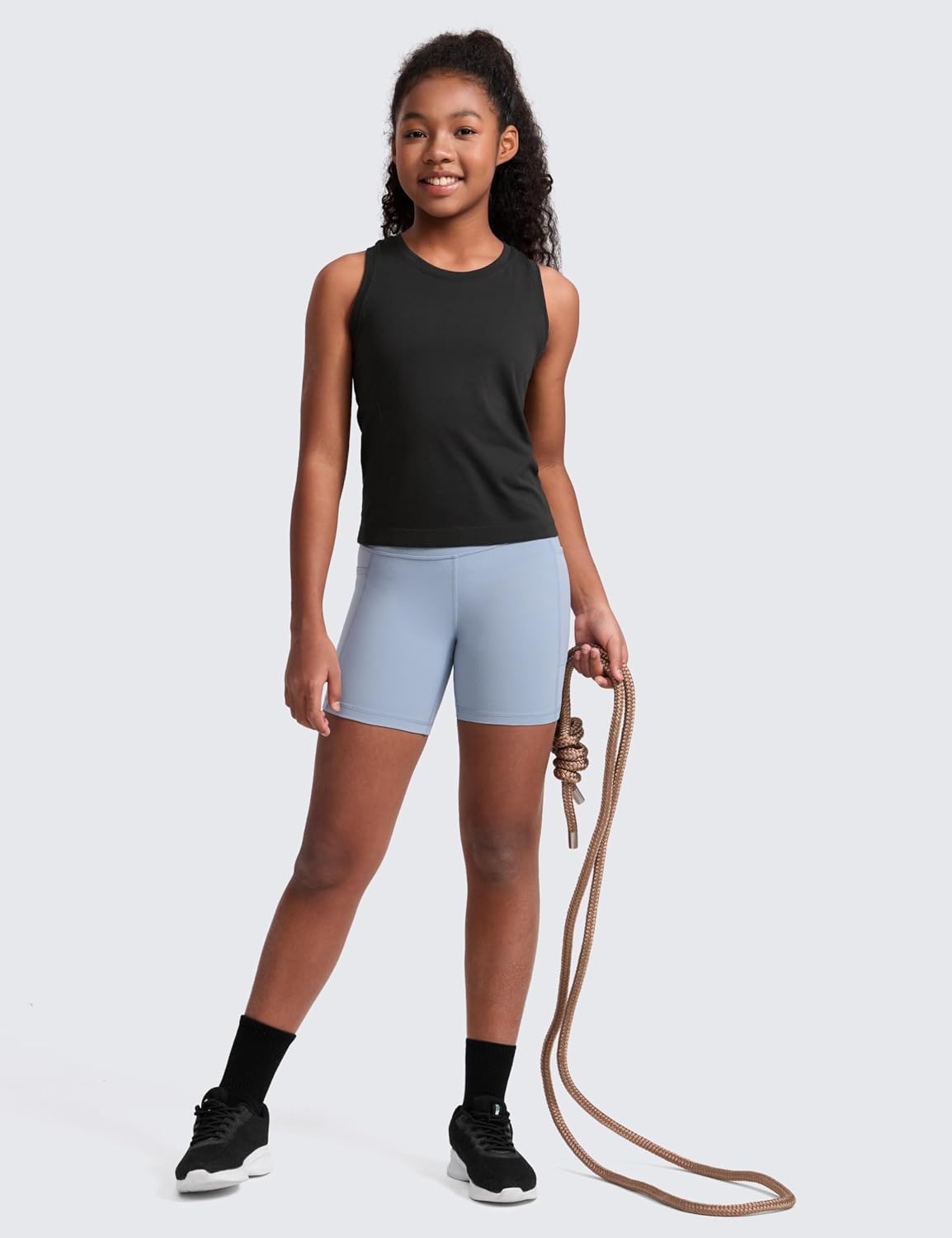 image:imageCRZ YOGA Girls Seamless Athletic Tank Tops Waist Length Active Dance Casual Racerback Crew Neck Sleeveless Kids TeenBlack