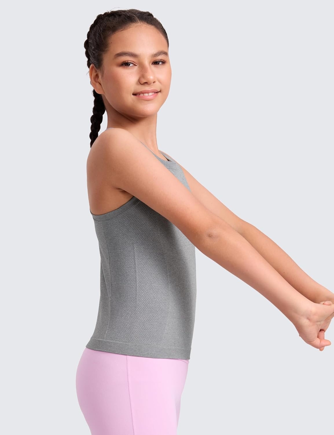 image:imageCRZ YOGA Girls Seamless Athletic Tank Tops Waist Length Active Dance Casual Racerback Crew Neck Sleeveless Kids TeenSlate Grey Marl