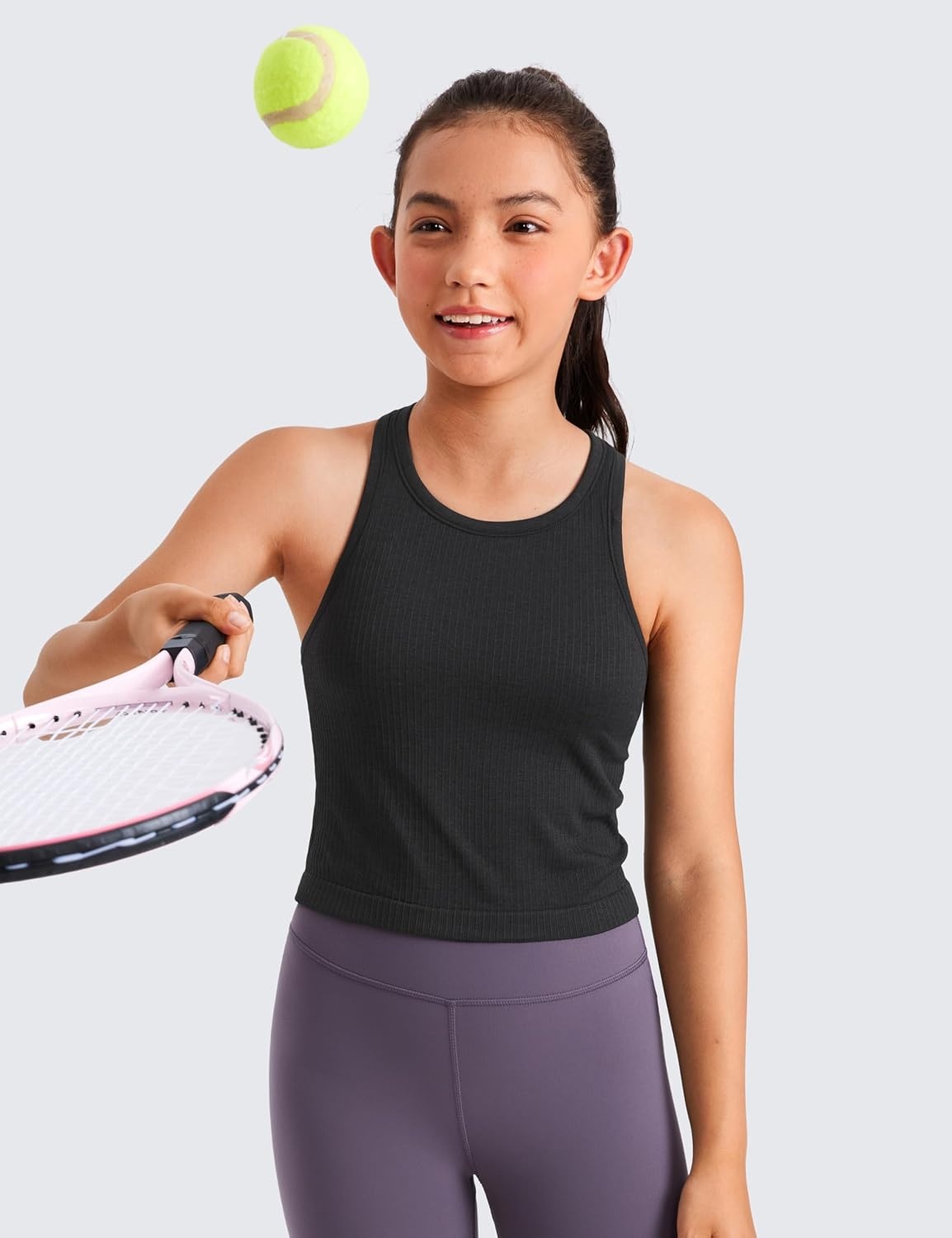 image:imageCRZ YOGA Girls Seamless Ribbed Longline Sports Bra Yoga Athletic Casual Tops High Neck Racerback Padded Kids TeenBlack