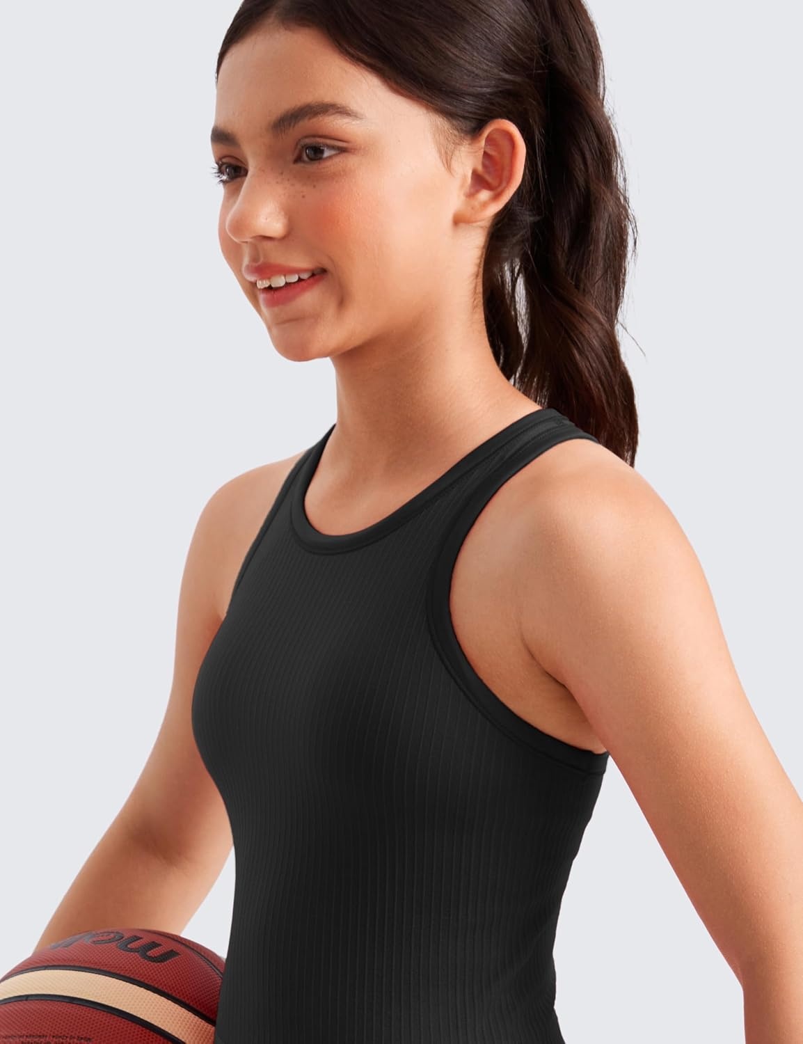 image:imageCRZ YOGA Girls Seamless Ribbed Longline Sports Bra Yoga Athletic Casual Tops High Neck Racerback Padded Kids TeenBlack