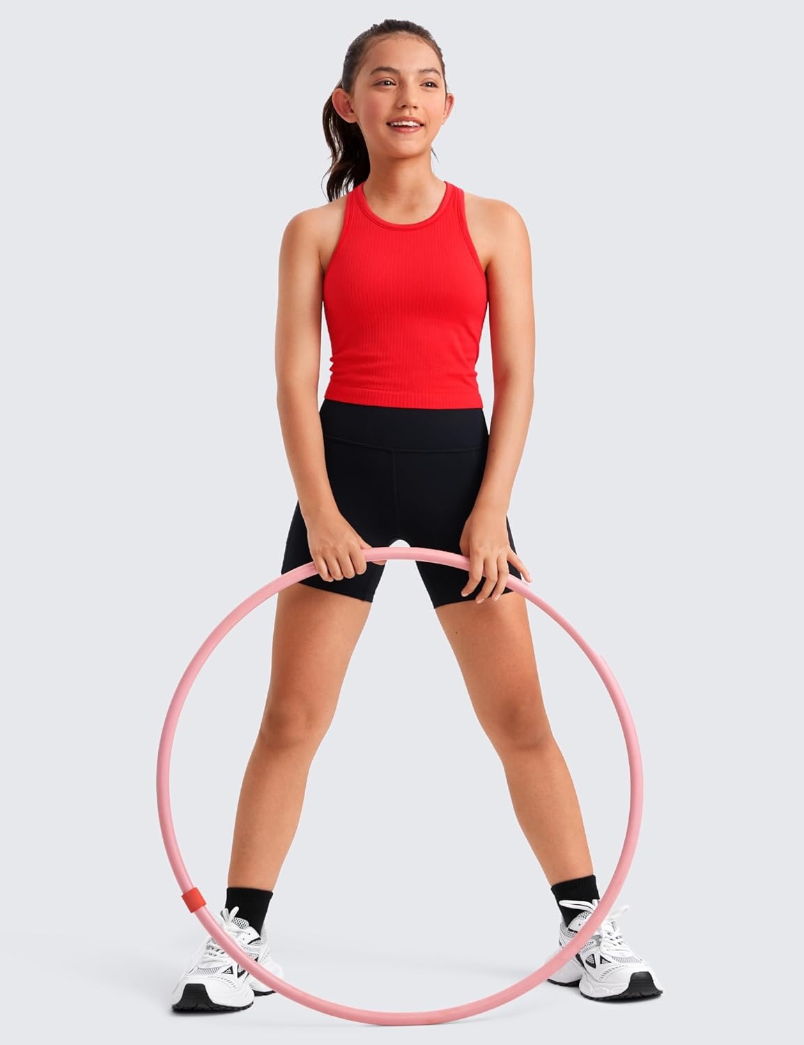 image:imageCRZ YOGA Girls Seamless Ribbed Longline Sports Bra Yoga Athletic Casual Tops High Neck Racerback Padded Kids TeenDeep Red