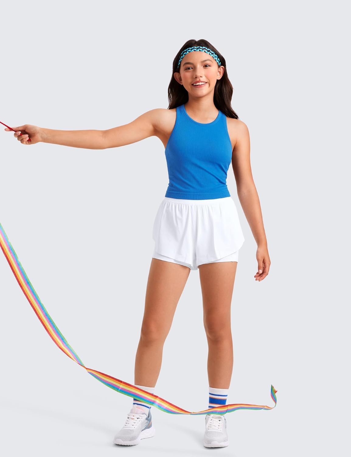 image:imageCRZ YOGA Girls Seamless Ribbed Longline Sports Bra Yoga Athletic Casual Tops High Neck Racerback Padded Kids TeenSparkle Blue