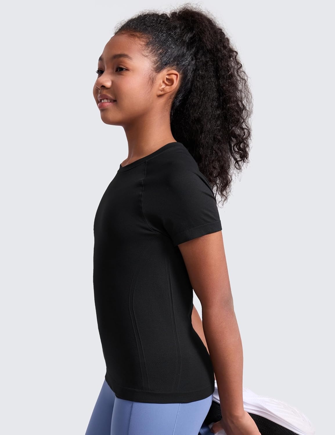image:imageCRZ YOGA Girls Seamless Short Sleeve Athletic T Shirts Active Sports Casual Tees Crew Neck Kids TeenBlack
