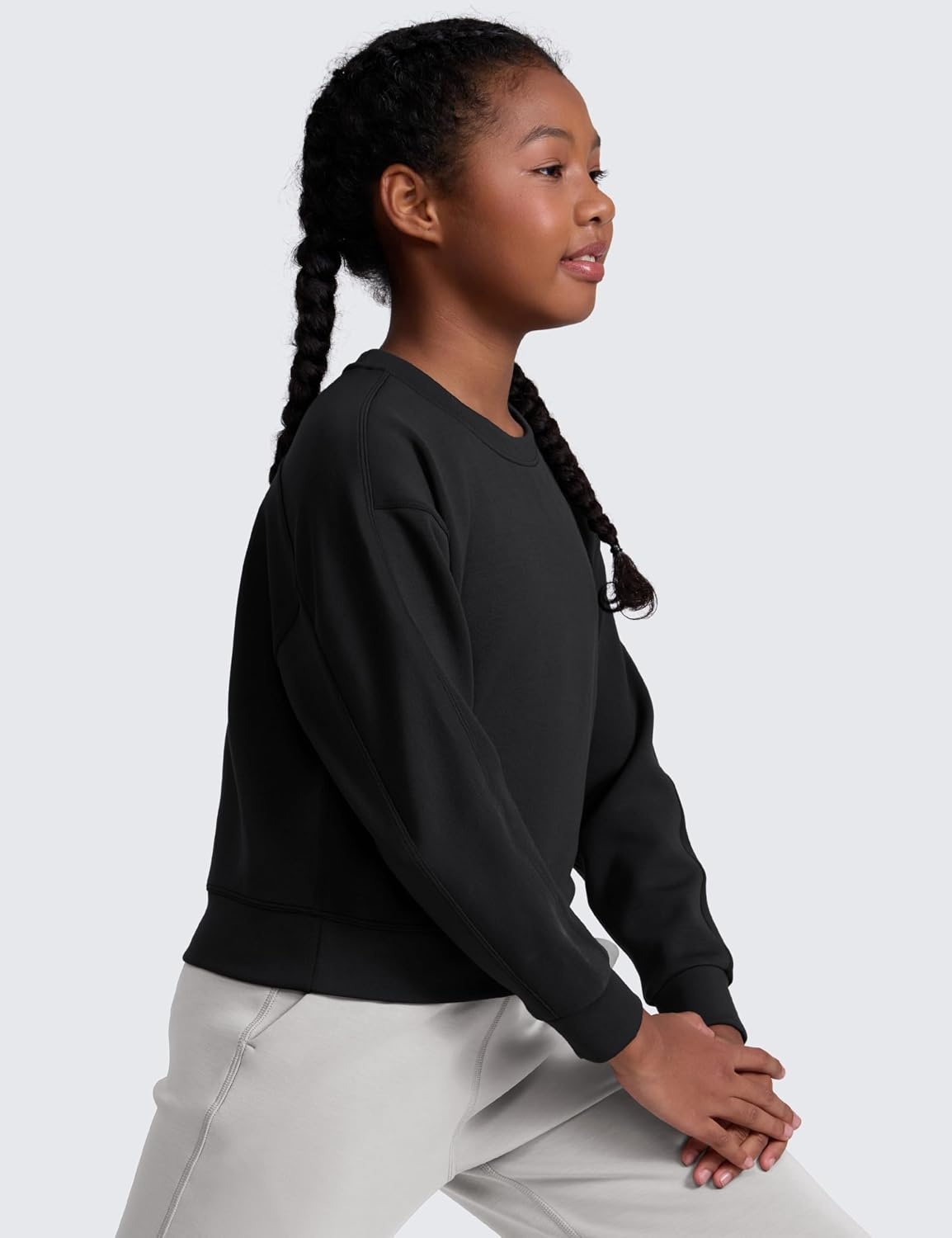 image:imageCRZ YOGA Girls SoftAura Long Sleeve Crew Neck Casual Sweatshirts Lounge Pullover Hoodie Relaxed Waist Length Kids TeenBlack