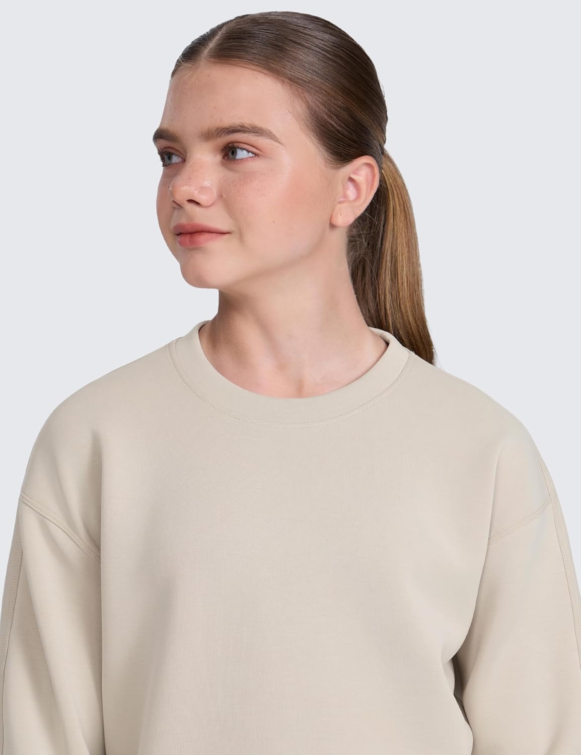 image:imageCRZ YOGA Girls SoftAura Long Sleeve Crew Neck Casual Sweatshirts Lounge Pullover Hoodie Relaxed Waist Length Kids TeenMojave Tan