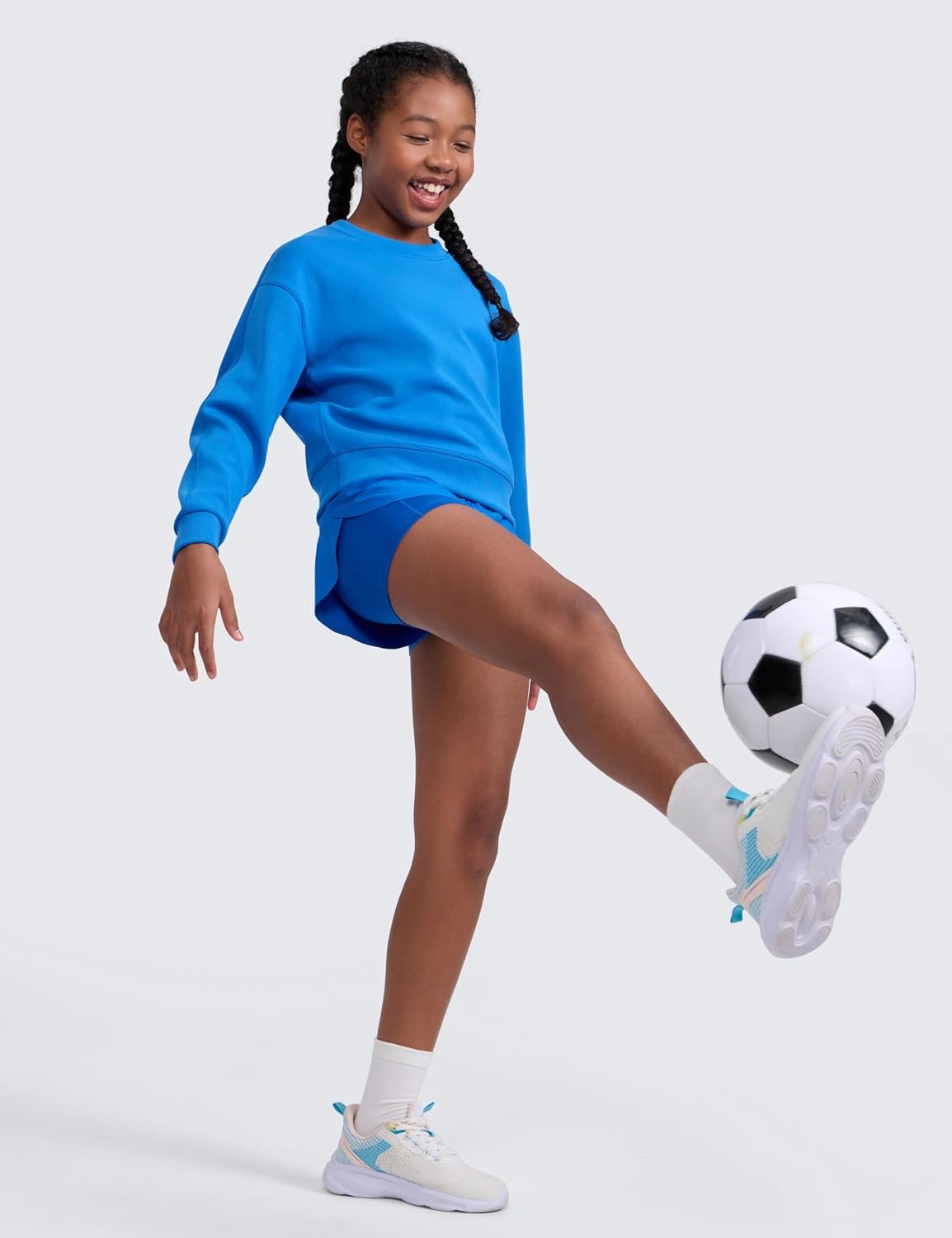 image:imageCRZ YOGA Girls SoftAura Long Sleeve Crew Neck Casual Sweatshirts Lounge Pullover Hoodie Relaxed Waist Length Kids TeenSparkle Blue
