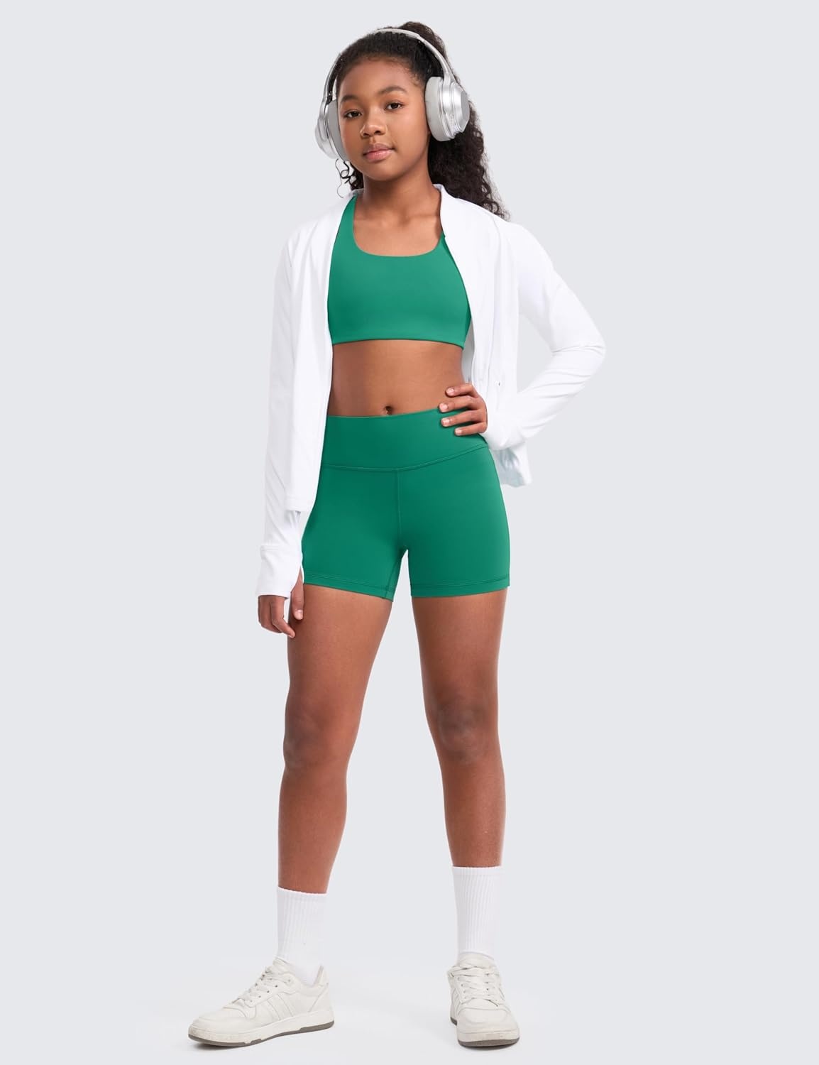 image:imageCRZ YOGA Girls Softness Mold Butterluxe Racerback Sports Bra Athletic Yoga Casual U Neck Scoop Teen KidsCascadia Green