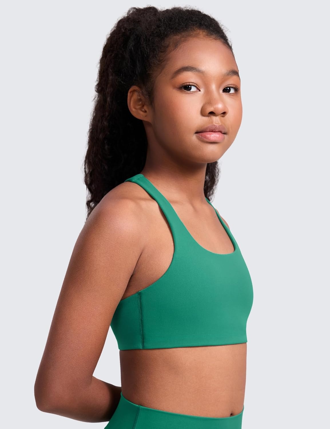 image:imageCRZ YOGA Girls Softness Mold Butterluxe Racerback Sports Bra Athletic Yoga Casual U Neck Scoop Teen KidsCascadia Green