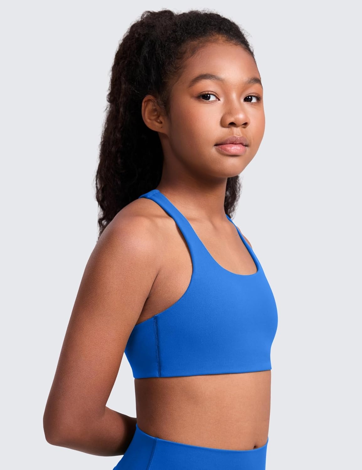 image:imageCRZ YOGA Girls Softness Mold Butterluxe Racerback Sports Bra Athletic Yoga Casual U Neck Scoop Teen KidsSparkle Blue