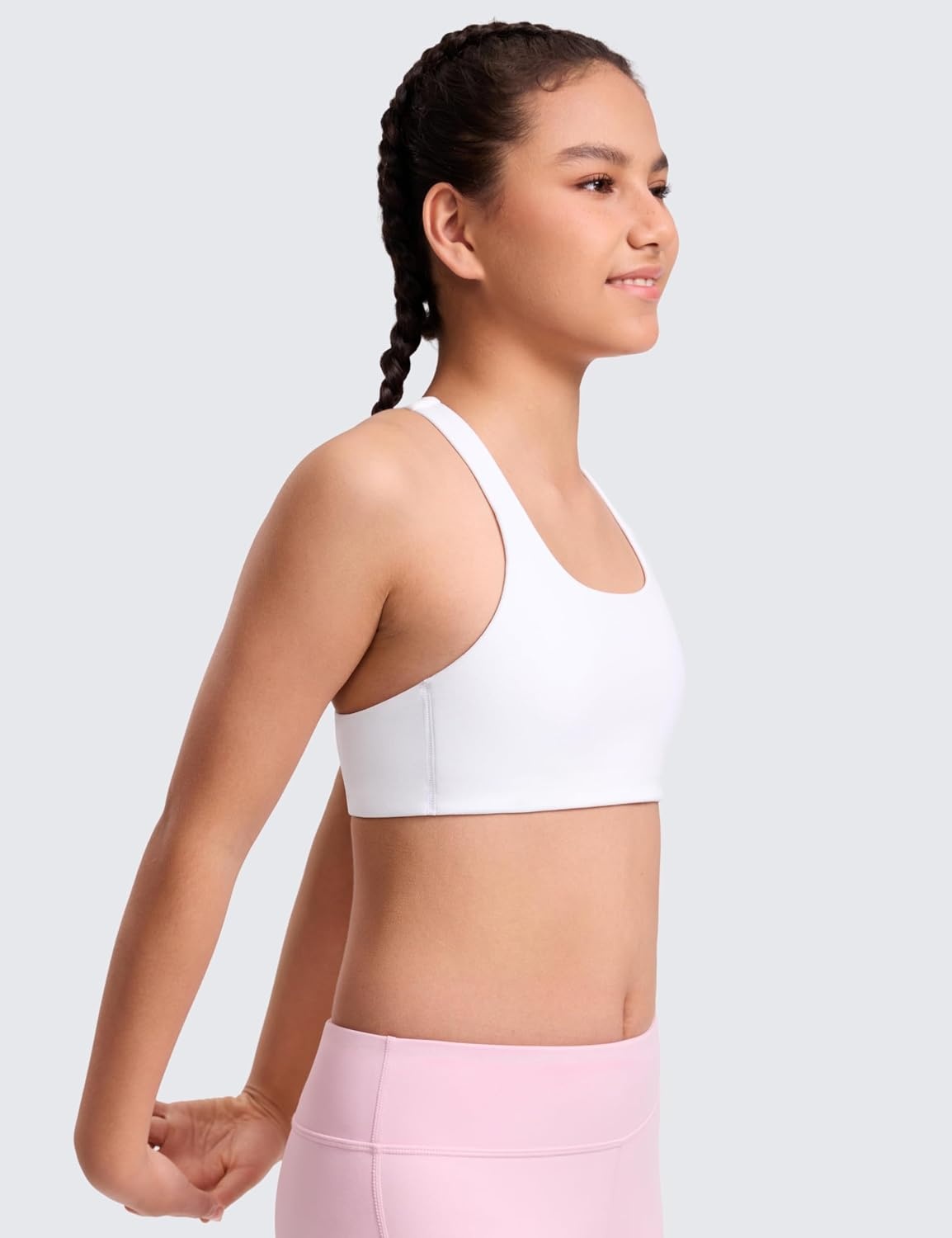 image:imageCRZ YOGA Girls Softness Mold Butterluxe Racerback Sports Bra Athletic Yoga Casual U Neck Scoop Teen KidsWhite