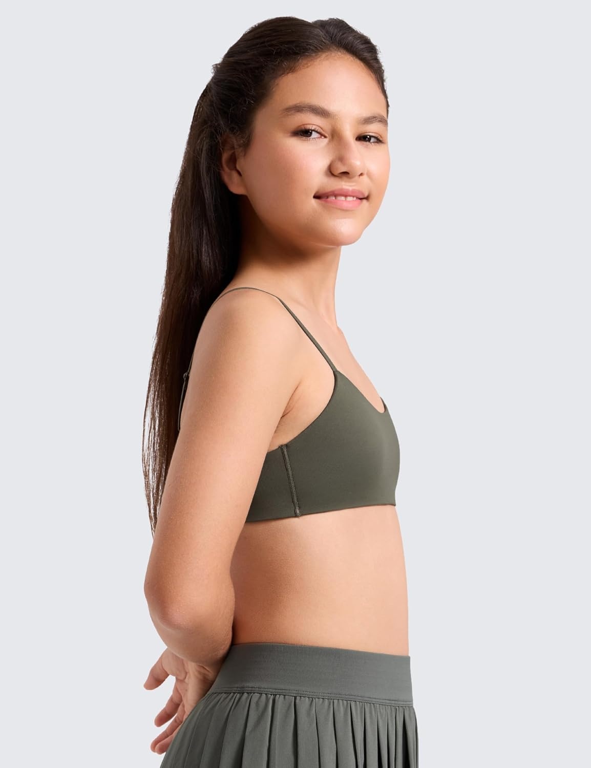 image:imageCRZ YOGA Girls Softness Mold Softhold Training Bra Casual Everyday Tops V Neck Adjustable Straps Kids TeenLight Army Green