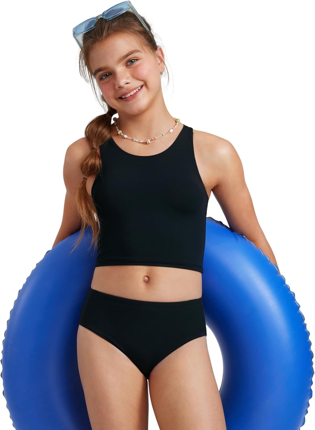 image:imageCRZ YOGA Girls Tankini Set 2 Piece Swimsuit Beach Sports Bathing Suit High Neck Racerback Padded Kids TeenBlack