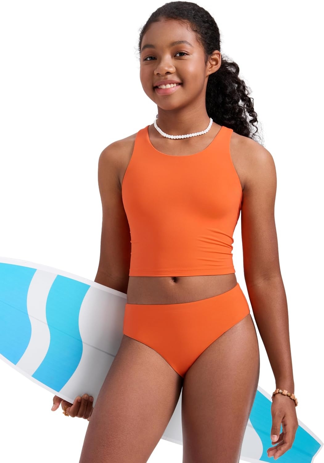 image:imageCRZ YOGA Girls Tankini Set 2 Piece Swimsuit Beach Sports Bathing Suit High Neck Racerback Padded Kids TeenCoral
