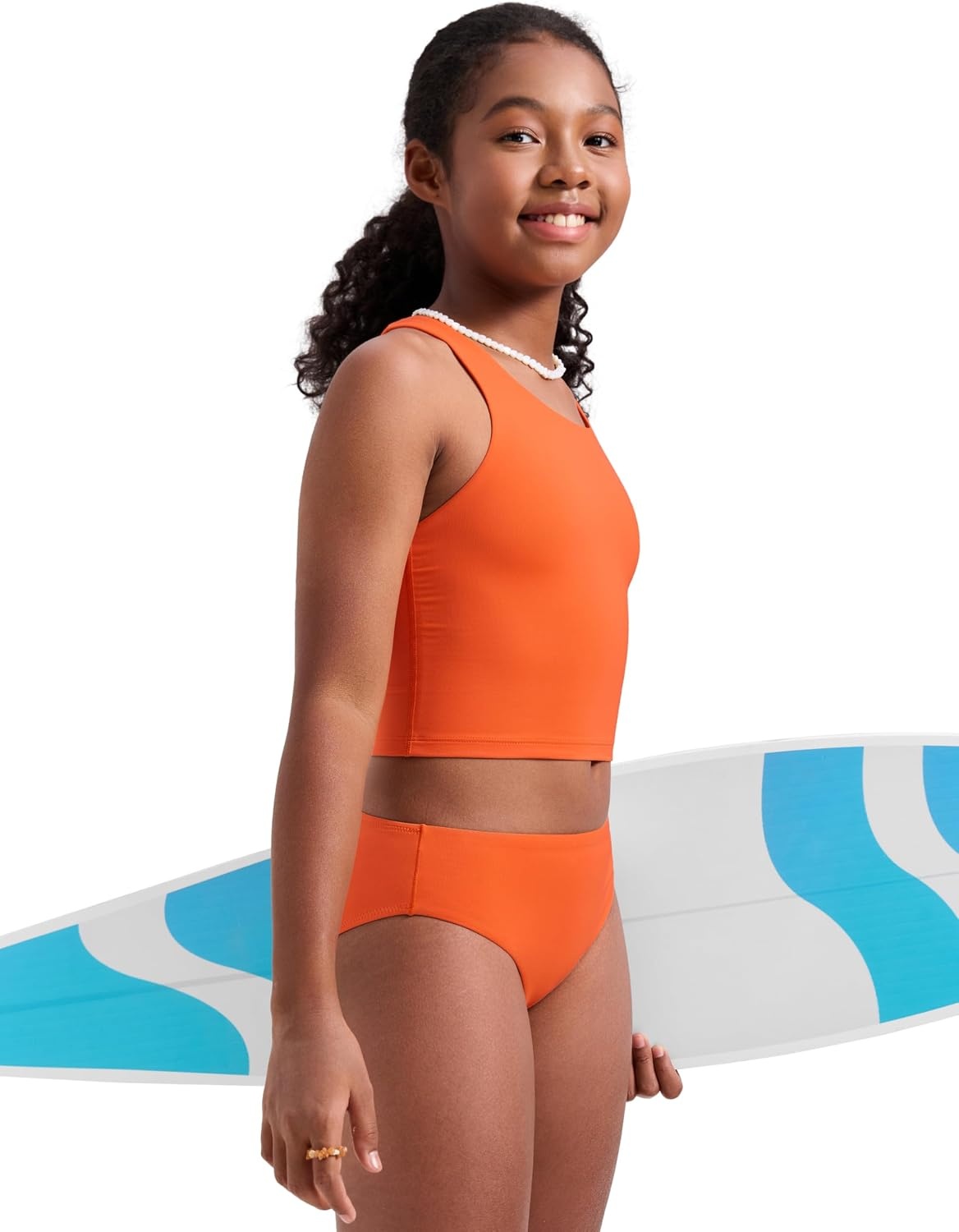 image:imageCRZ YOGA Girls Tankini Set 2 Piece Swimsuit Beach Sports Bathing Suit High Neck Racerback Padded Kids TeenCoral