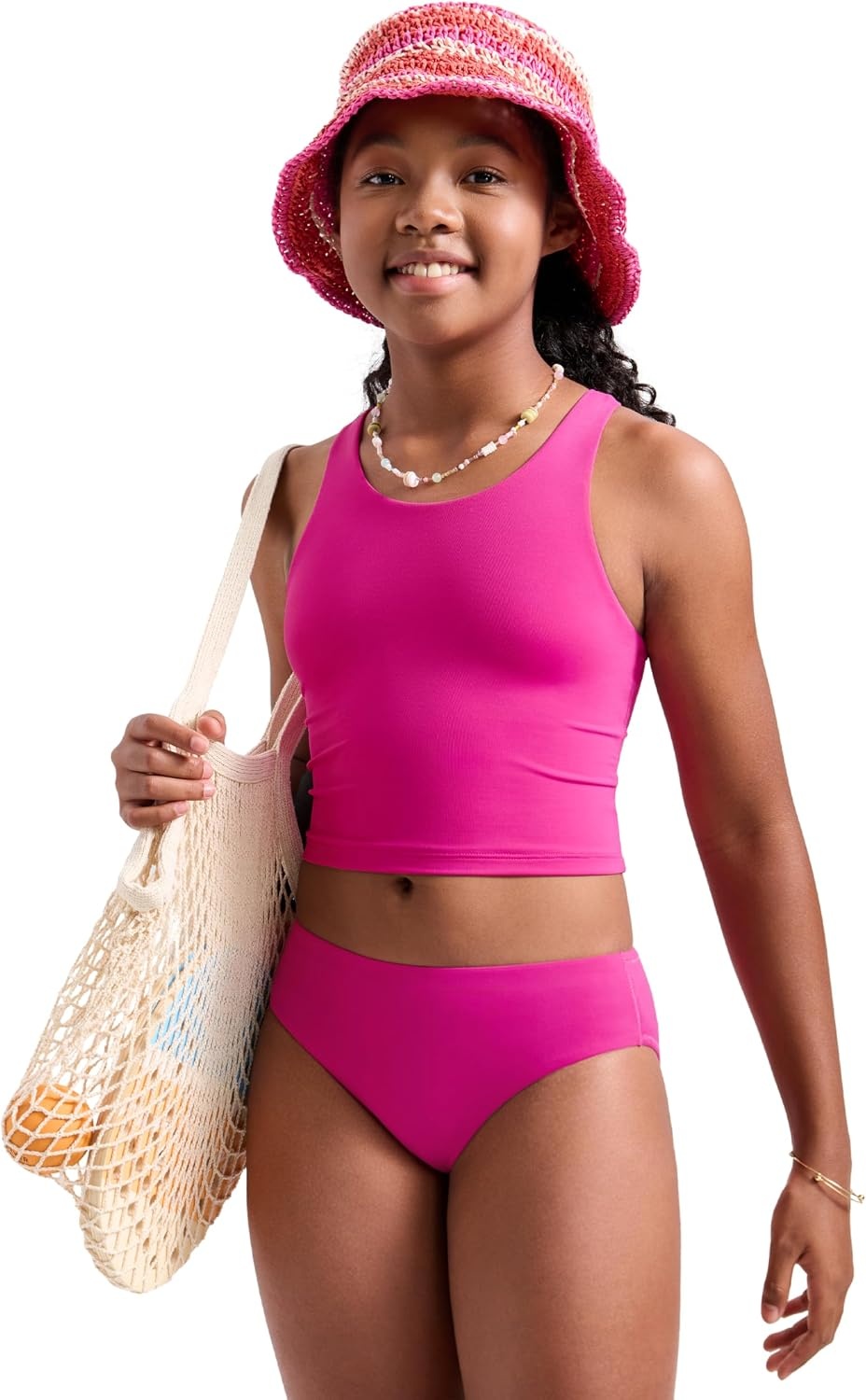 image:imageCRZ YOGA Girls Tankini Set 2 Piece Swimsuit Beach Sports Bathing Suit High Neck Racerback Padded Kids TeenHibiscus Purple