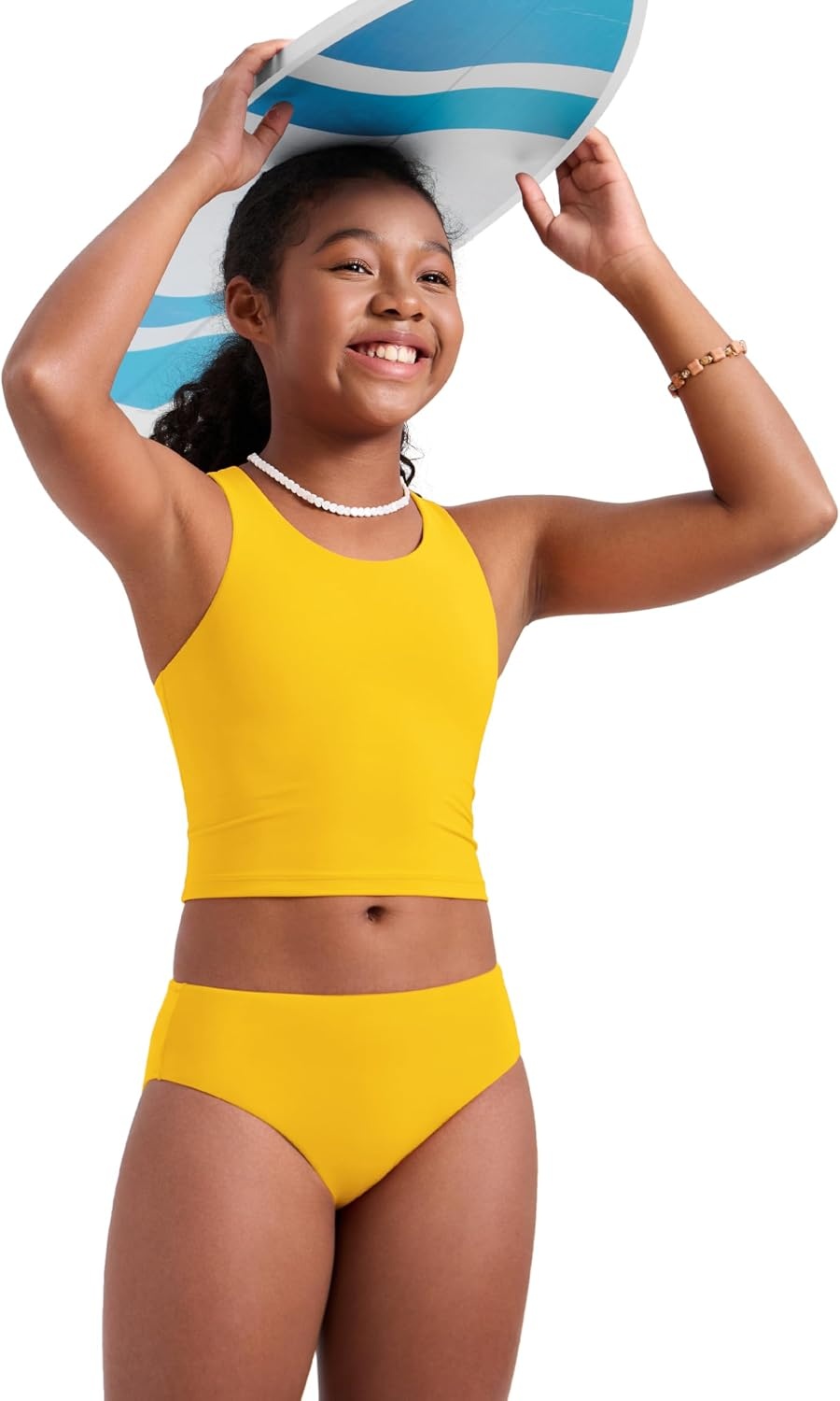 image:imageCRZ YOGA Girls Tankini Set 2 Piece Swimsuit Beach Sports Bathing Suit High Neck Racerback Padded Kids TeenHigh Visibility Yellow