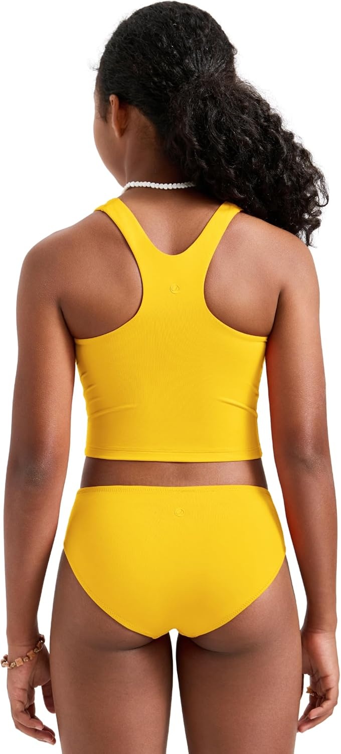 image:imageCRZ YOGA Girls Tankini Set 2 Piece Swimsuit Beach Sports Bathing Suit High Neck Racerback Padded Kids TeenHigh Visibility Yellow