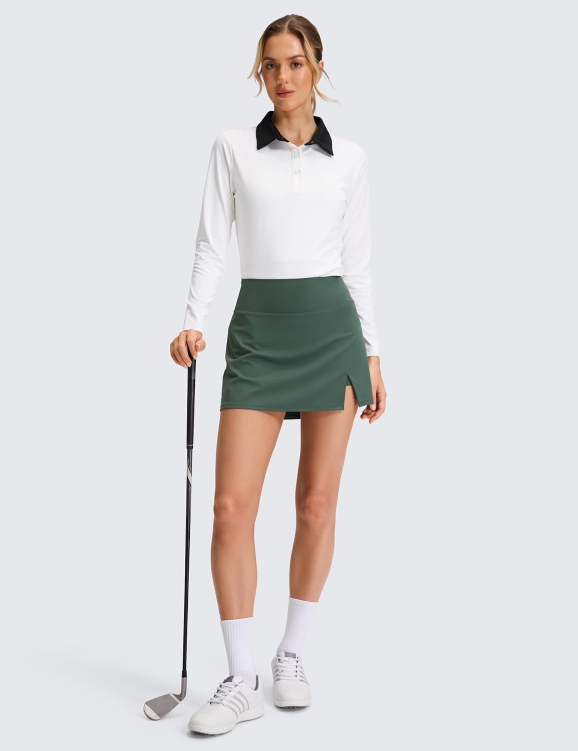 image:imageCRZ YOGA High Rise Front Slit Golf Skirts for Women Mini Aline Tennis Casual Skort with Builtin Shorts Side PocketsDark Forest Green