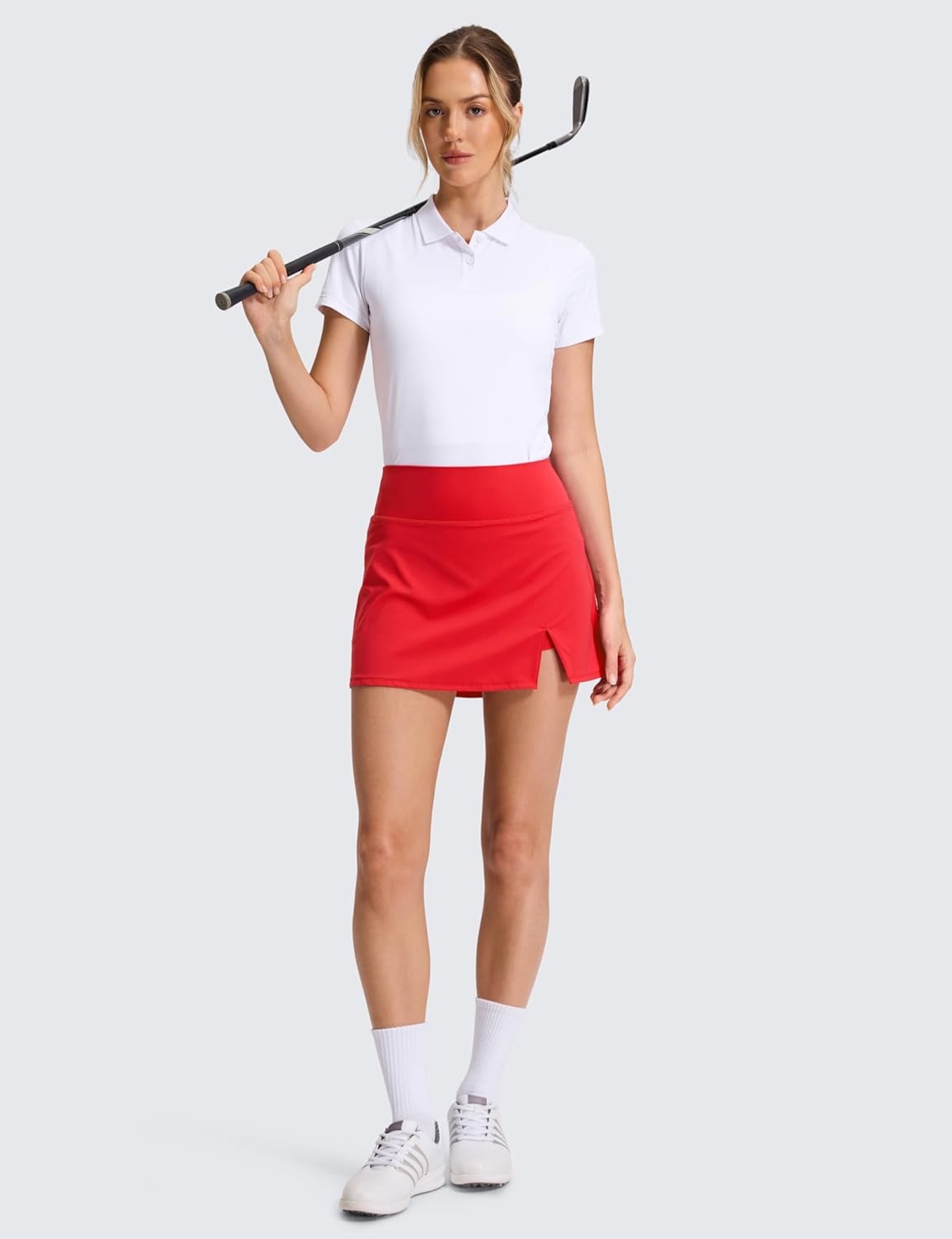 image:imageCRZ YOGA High Rise Front Slit Golf Skirts for Women Mini Aline Tennis Casual Skort with Builtin Shorts Side PocketsDeep Red