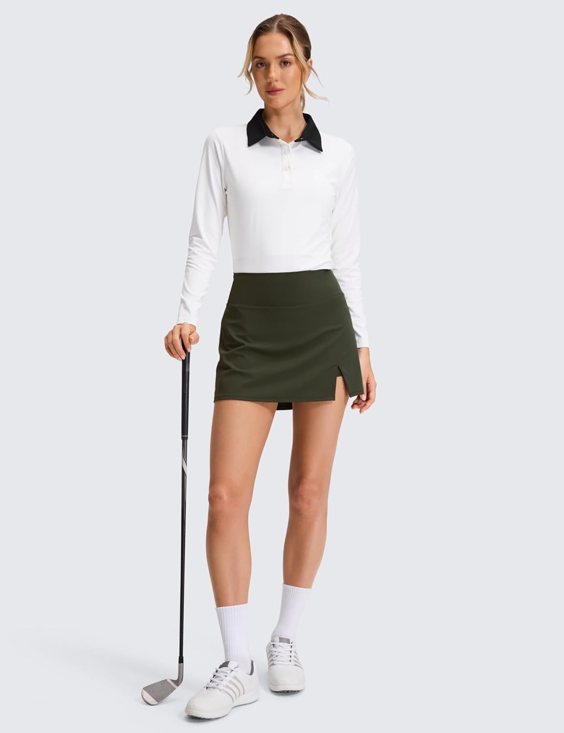 image:imageCRZ YOGA High Rise Front Slit Golf Skirts for Women Mini Aline Tennis Casual Skort with Builtin Shorts Side PocketsOlive Green