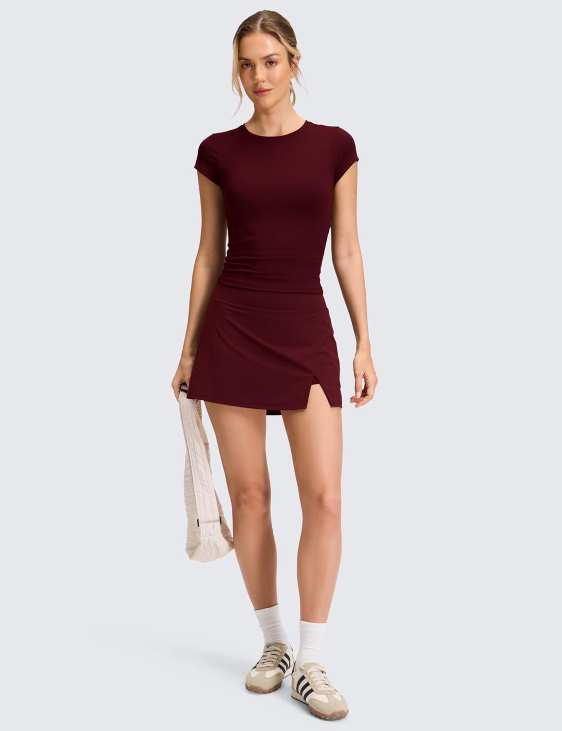 image:imageCRZ YOGA High Rise Front Slit Golf Skirts for Women Mini Aline Tennis Casual Skort with Builtin Shorts Side PocketsRed Merlot