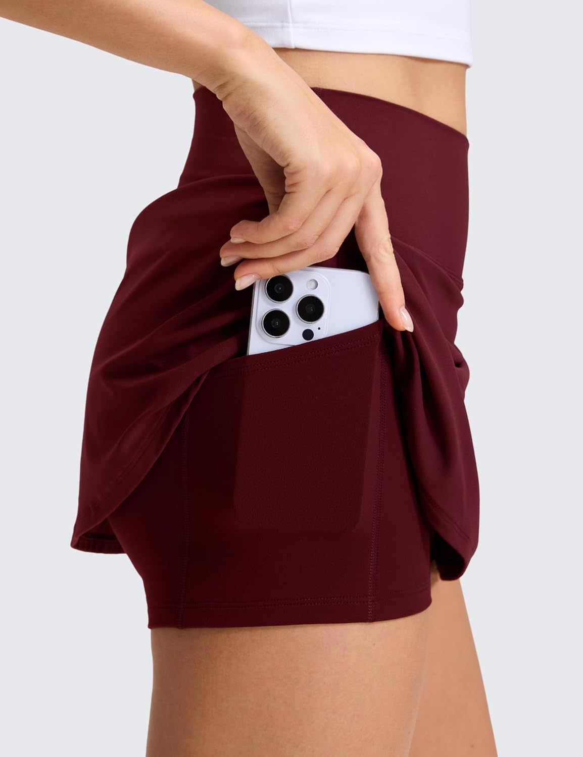 image:imageCRZ YOGA High Rise Front Slit Golf Skirts for Women Mini Aline Tennis Casual Skort with Builtin Shorts Side PocketsRed Merlot