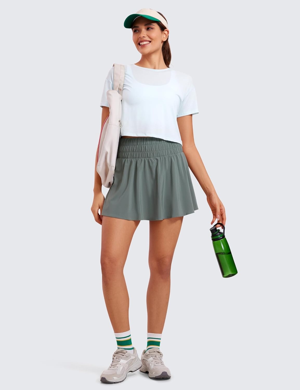image:imageCRZ YOGA High ShirredWaisted Tennis Skirts for Women Mini Lined Golf Casual Athletic Flowy Skorts with PocketsGrey Sage