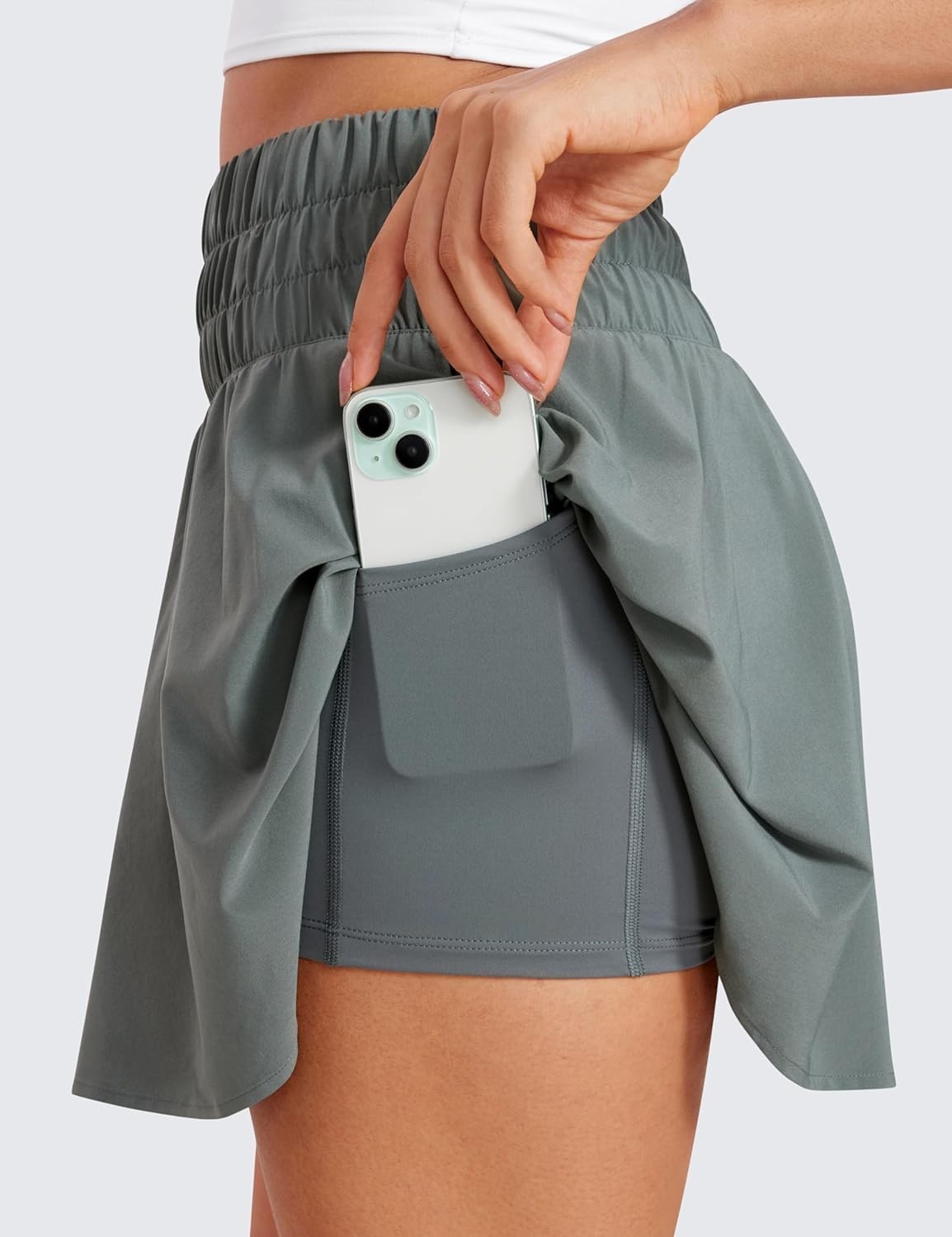 image:imageCRZ YOGA High ShirredWaisted Tennis Skirts for Women Mini Lined Golf Casual Athletic Flowy Skorts with PocketsGrey Sage