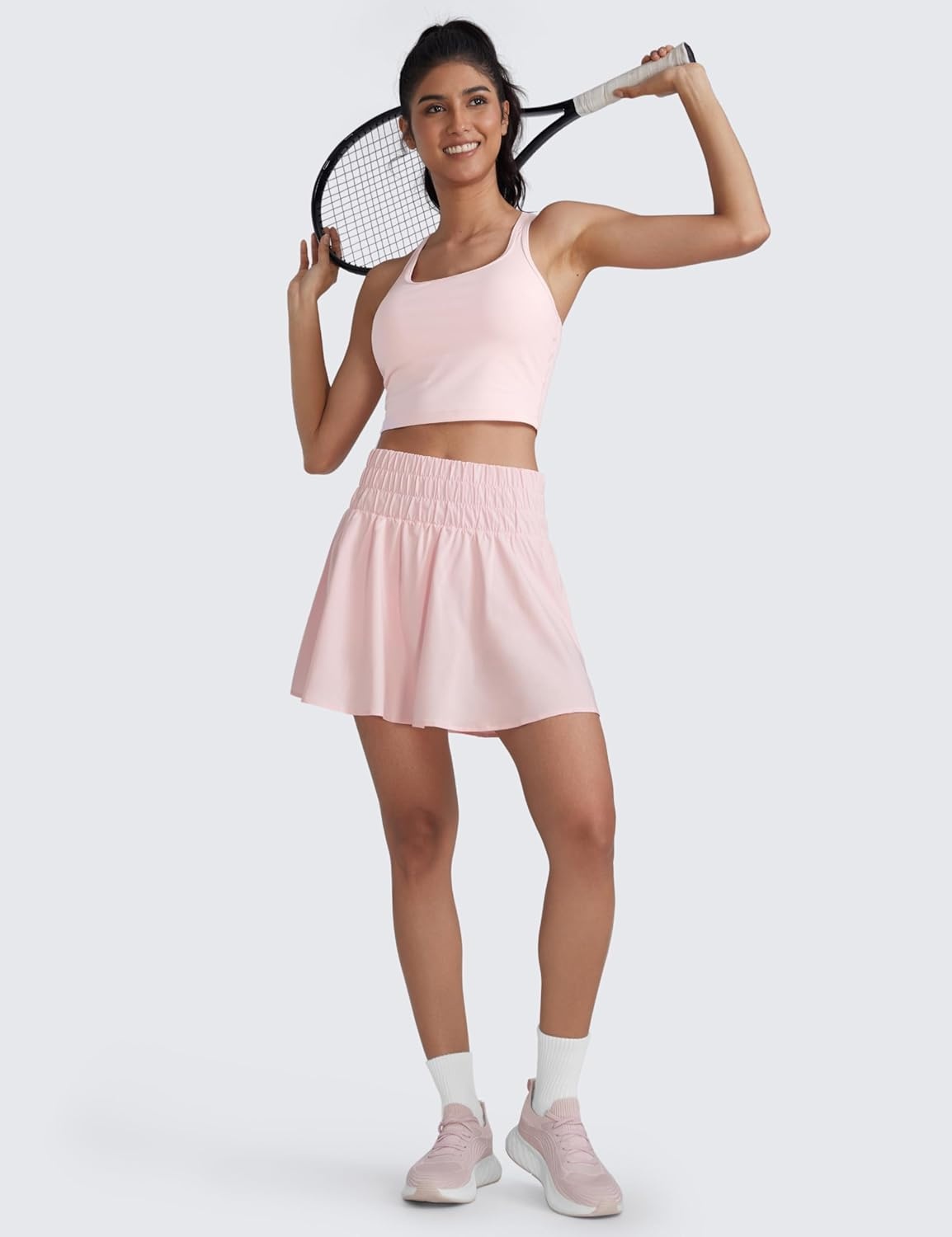 image:imageCRZ YOGA High ShirredWaisted Tennis Skirts for Women Mini Lined Golf Casual Athletic Flowy Skorts with PocketsStrawberry Pink