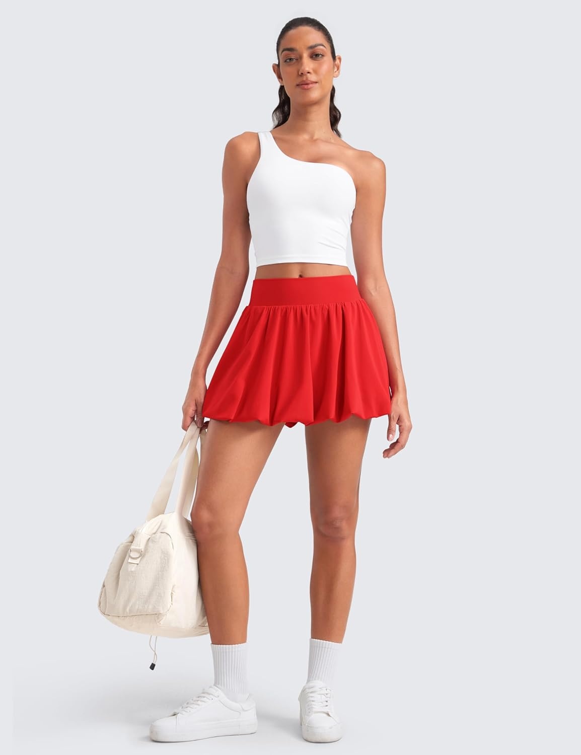 image:imageCRZ YOGA High Waisted Bubble Tennis Skirts for Women Mini Casual Ruffled Hem Lined Balloon Skort with PocketsDeep Red