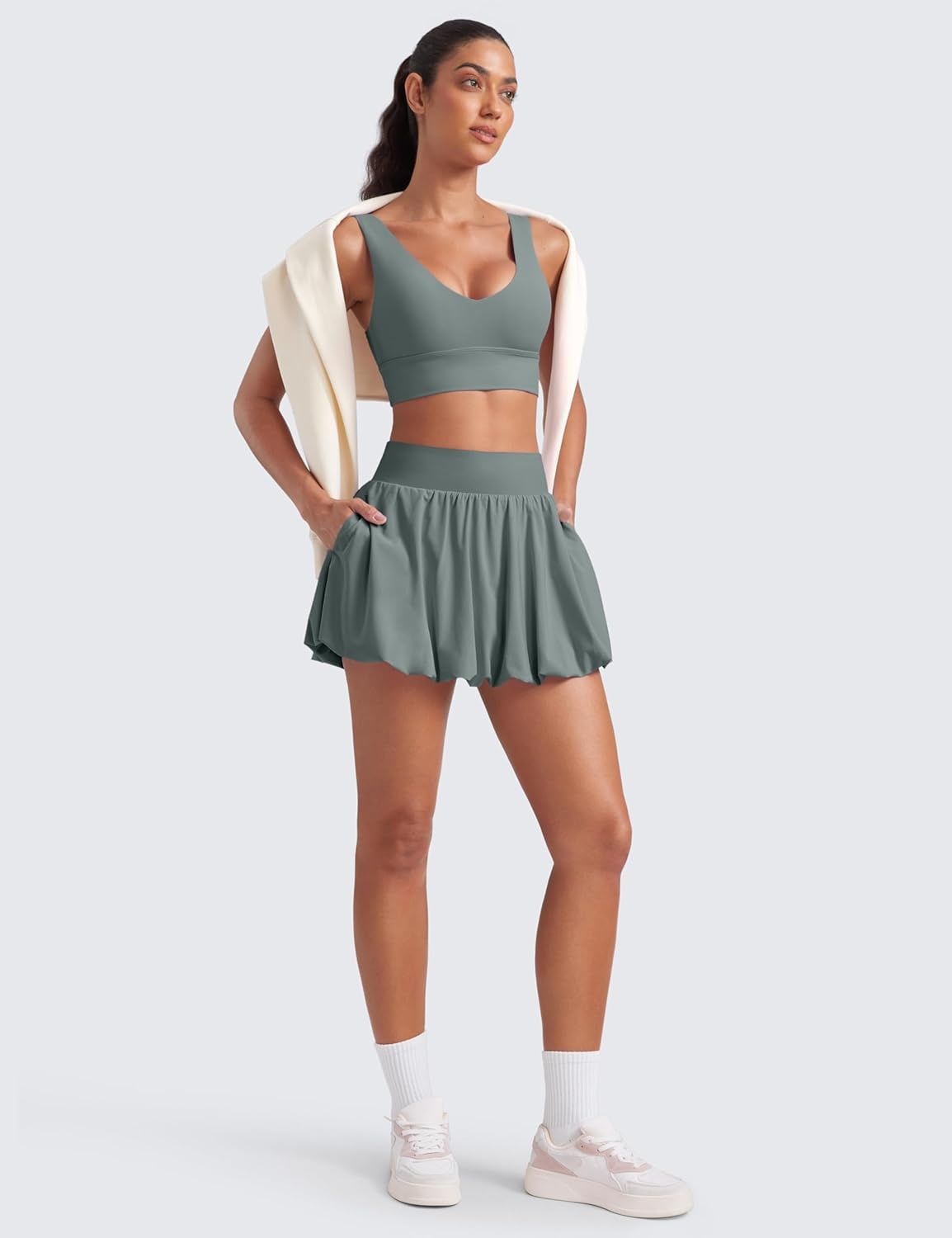 image:imageCRZ YOGA High Waisted Bubble Tennis Skirts for Women Mini Casual Ruffled Hem Lined Balloon Skort with PocketsGrey Sage