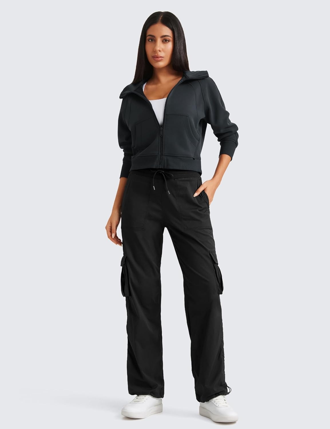 image:imageCRZ YOGA Lightweight Cargo Casual Pants for Women 30 Ruched Straight Leg Travel Athletic Hiking JoggersBlack