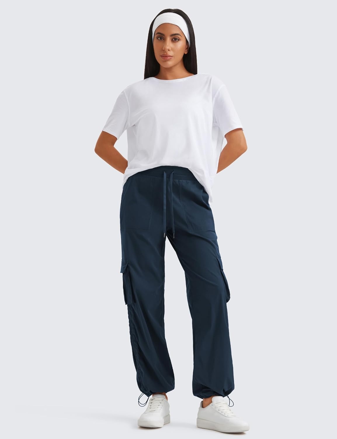 image:imageCRZ YOGA Lightweight Cargo Casual Pants for Women 30 Ruched Straight Leg Travel Athletic Hiking JoggersInk Blue