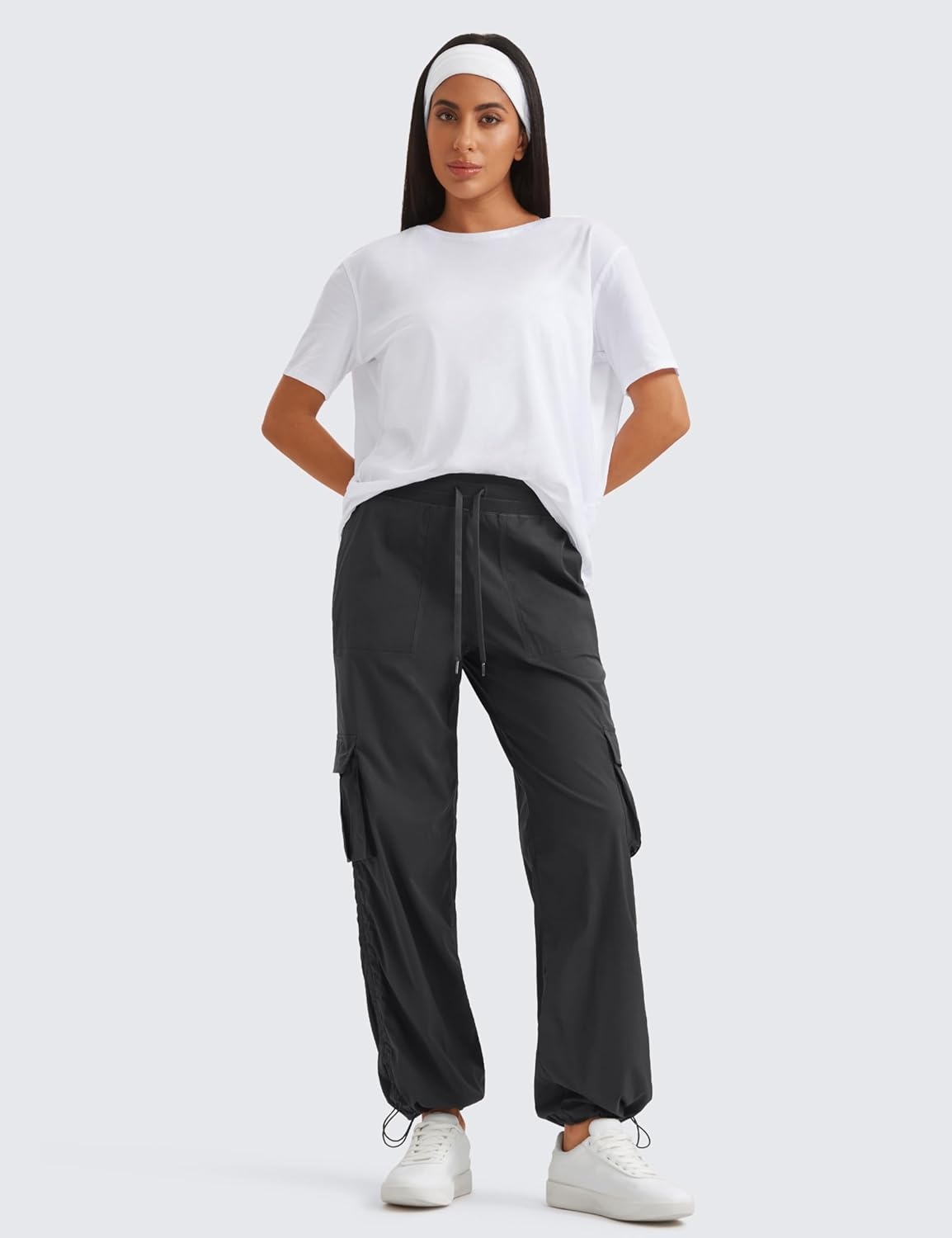 image:imageCRZ YOGA Lightweight Cargo Casual Pants for Women 30 Ruched Straight Leg Travel Athletic Hiking JoggersInk Gray