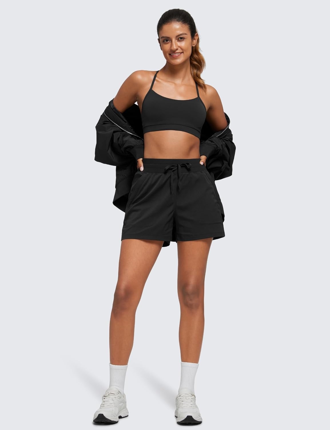 image:imageCRZ YOGA Lightweight Casual Shorts for Women 35 High Waisted Linerless for Athletic Lounge Hiking with Zip PocketsBlack