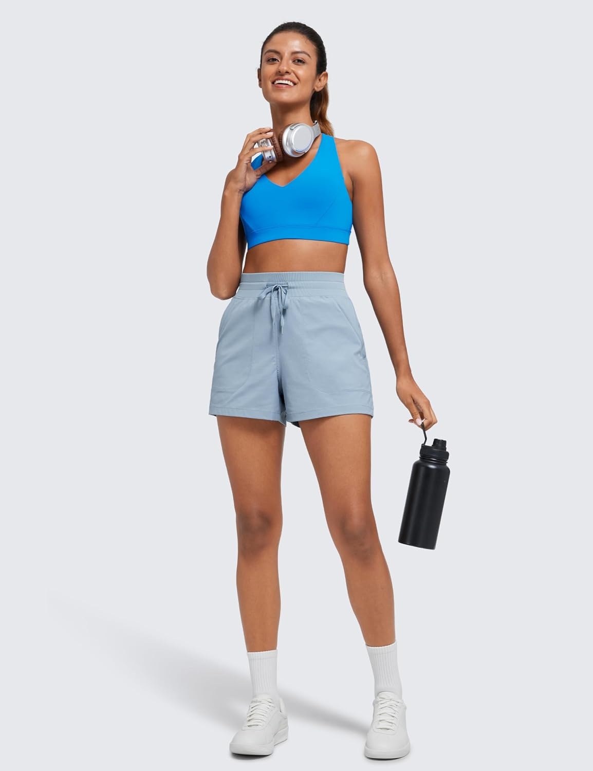 image:imageCRZ YOGA Lightweight Casual Shorts for Women 35 High Waisted Linerless for Athletic Lounge Hiking with Zip PocketsCambric Blue
