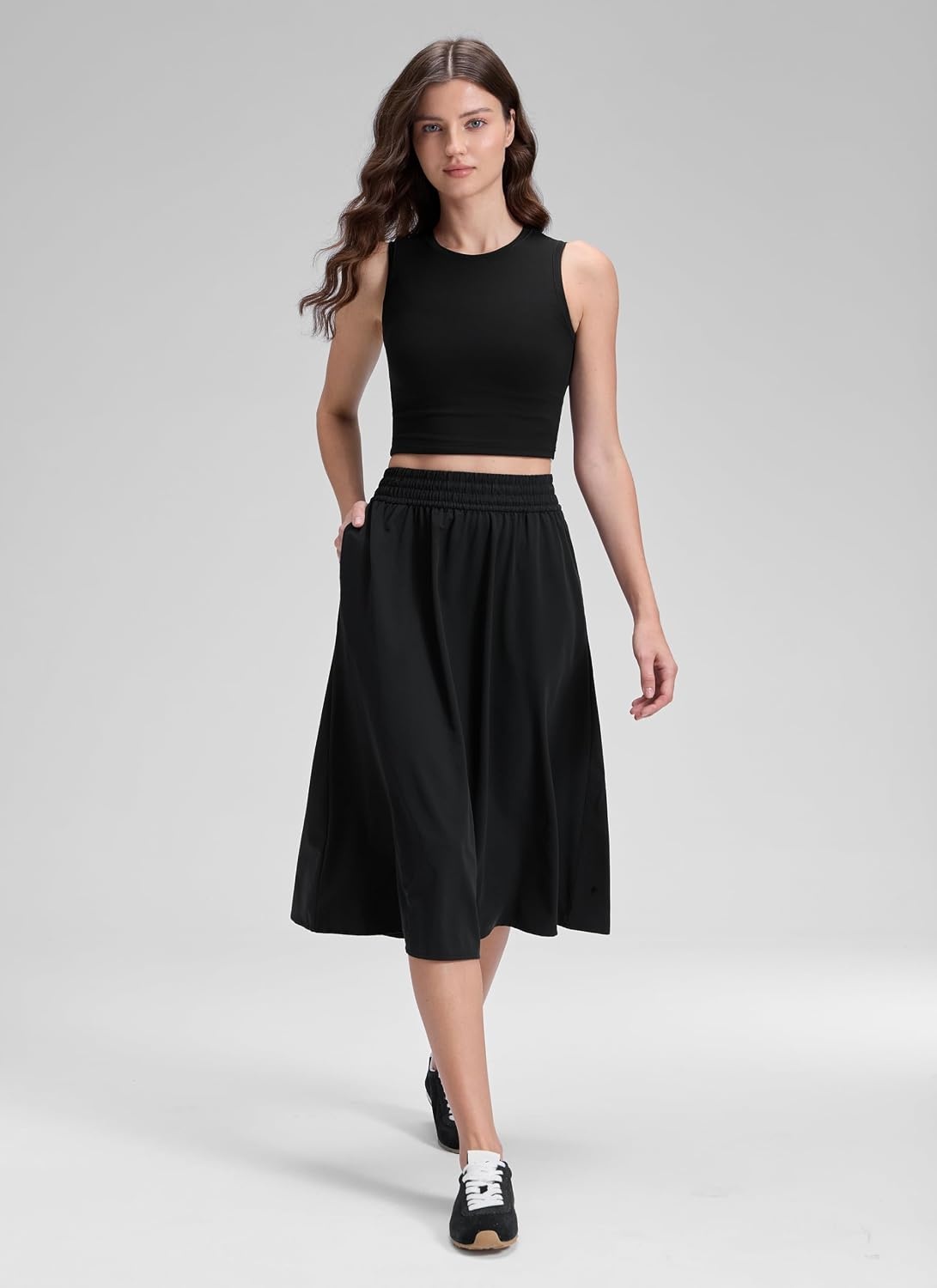 image:imageCRZ YOGA Lightweight Drapey Flowy Midi Skirts for Women High Waisted Casual Travel Holiday ALine Outfits with Side PocketsBlack