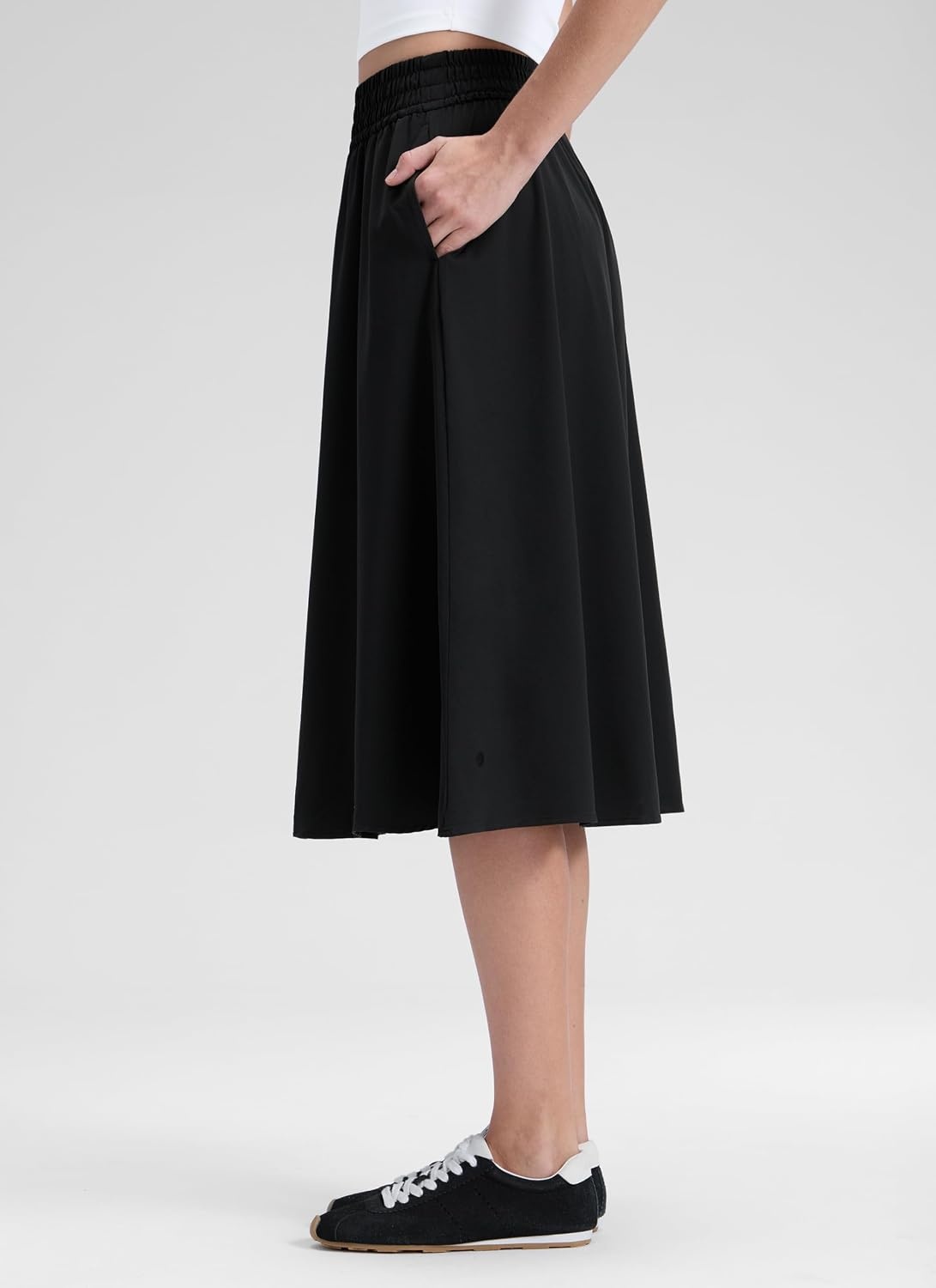 image:imageCRZ YOGA Lightweight Drapey Flowy Midi Skirts for Women High Waisted Casual Travel Holiday ALine Outfits with Side PocketsBlack