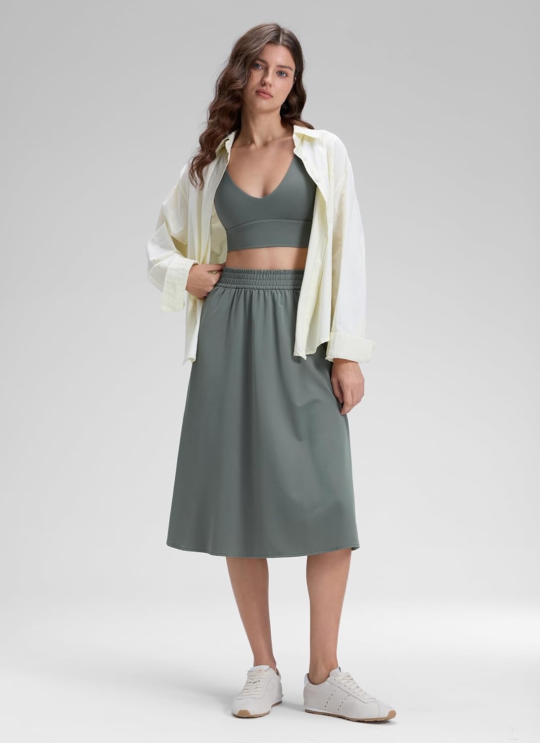 image:imageCRZ YOGA Lightweight Drapey Flowy Midi Skirts for Women High Waisted Casual Travel Holiday ALine Outfits with Side PocketsGrey Sage