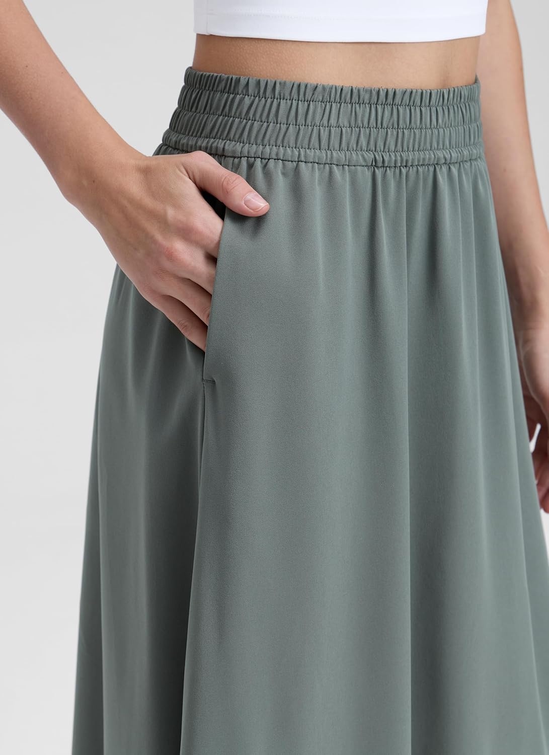 image:imageCRZ YOGA Lightweight Drapey Flowy Midi Skirts for Women High Waisted Casual Travel Holiday ALine Outfits with Side PocketsGrey Sage