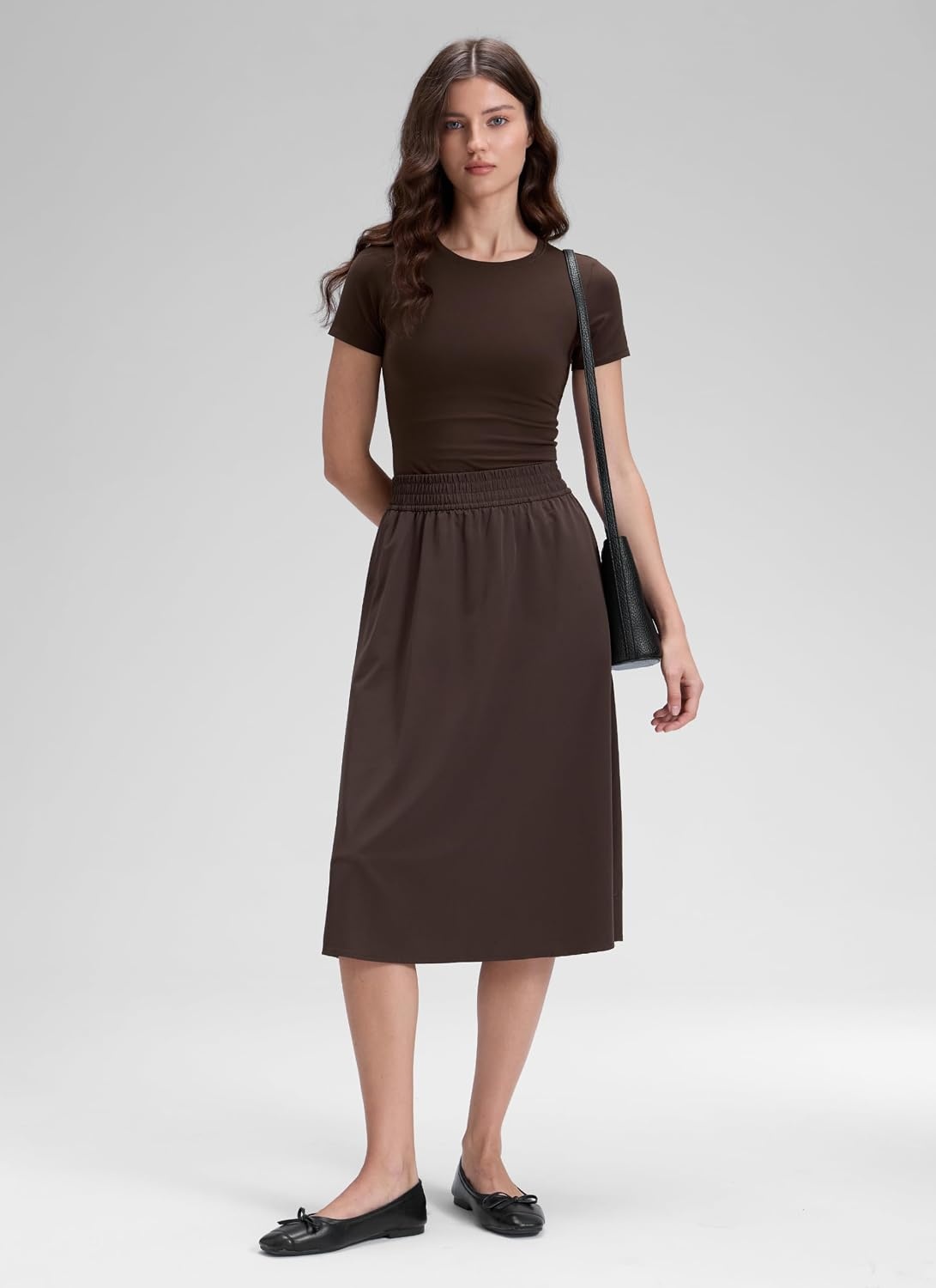 image:imageCRZ YOGA Lightweight Drapey Flowy Midi Skirts for Women High Waisted Casual Travel Holiday ALine Outfits with Side PocketsHot Fudge Brown