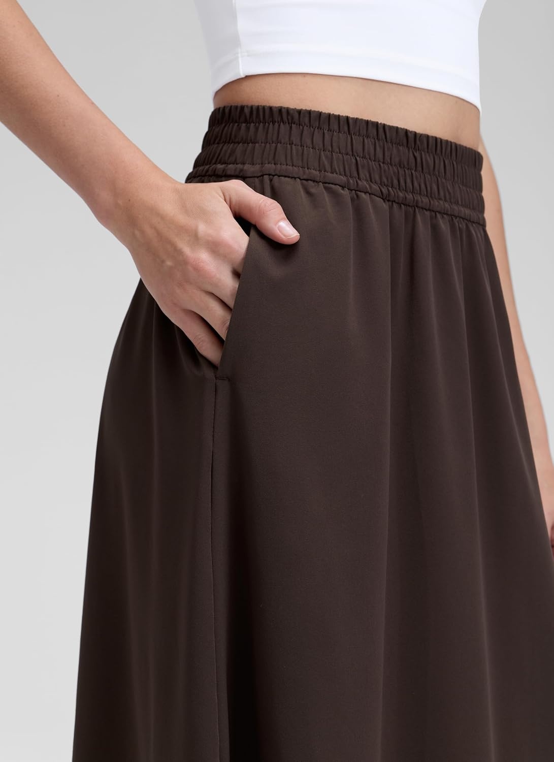 image:imageCRZ YOGA Lightweight Drapey Flowy Midi Skirts for Women High Waisted Casual Travel Holiday ALine Outfits with Side PocketsHot Fudge Brown
