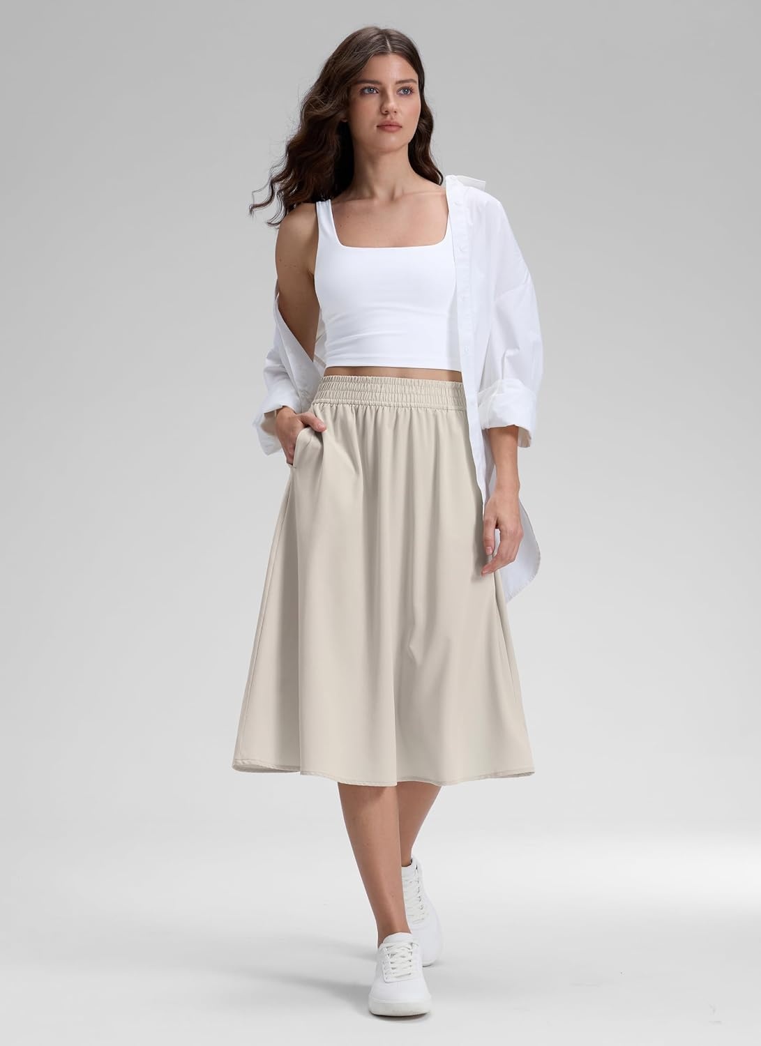 image:imageCRZ YOGA Lightweight Drapey Flowy Midi Skirts for Women High Waisted Casual Travel Holiday ALine Outfits with Side PocketsMojave Tan