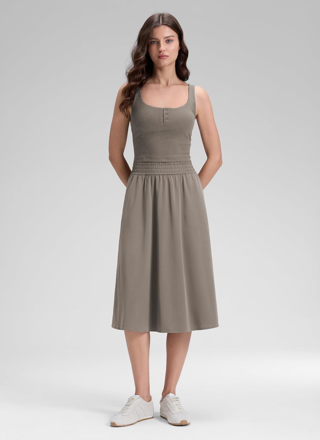 image:imageCRZ YOGA Lightweight Drapey Flowy Midi Skirts for Women High Waisted Casual Travel Holiday ALine Outfits with Side PocketsNomad Grey