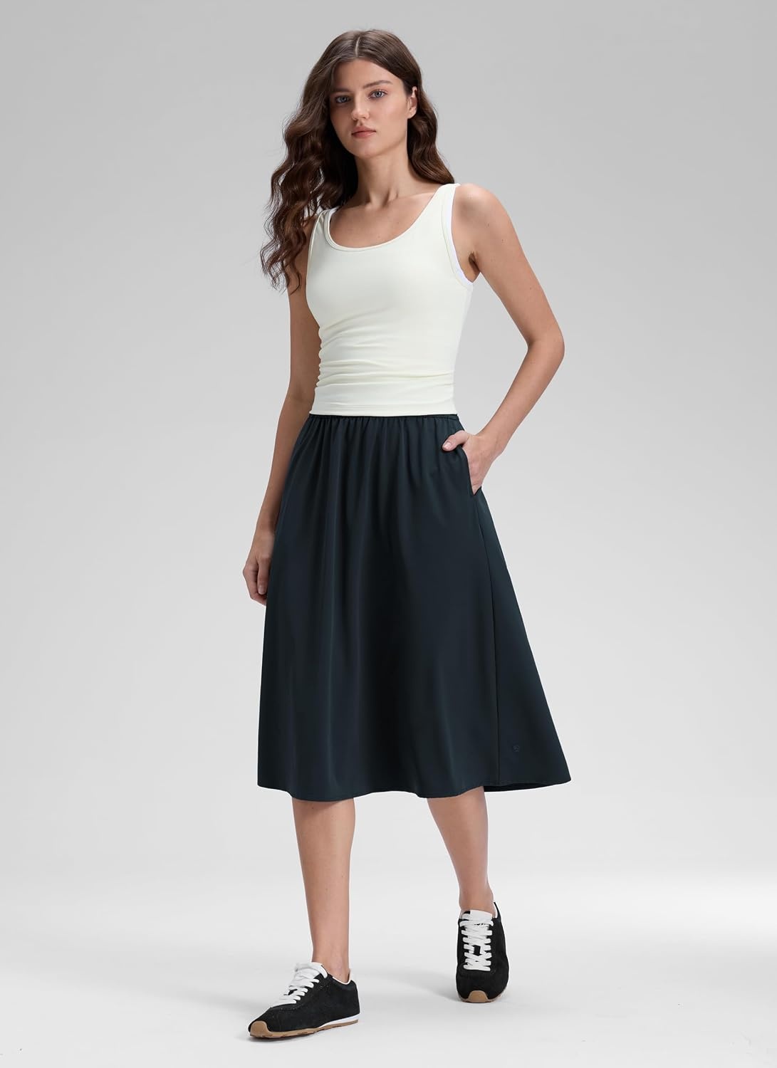 image:imageCRZ YOGA Lightweight Drapey Flowy Midi Skirts for Women High Waisted Casual Travel Holiday ALine Outfits with Side PocketsTrue Navy