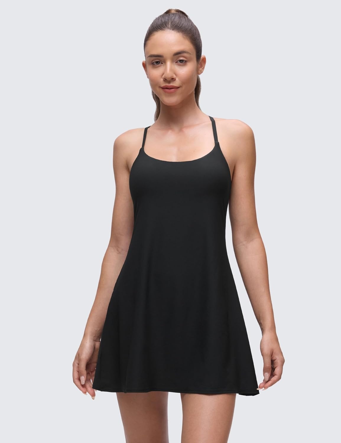 image:imageCRZ YOGA Lightweight Drapey Spagheii Straps Tennis Dress for Women Mini Flowy Golf Outfits with Bras and Short LinerBlack