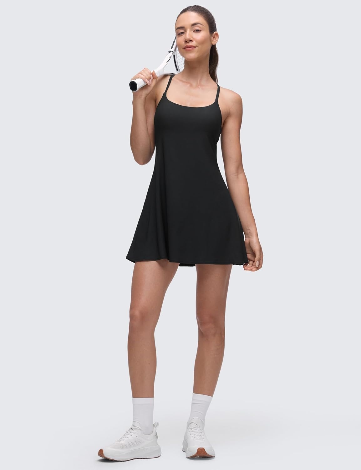 image:imageCRZ YOGA Lightweight Drapey Spagheii Straps Tennis Dress for Women Mini Flowy Golf Outfits with Bras and Short LinerBlack