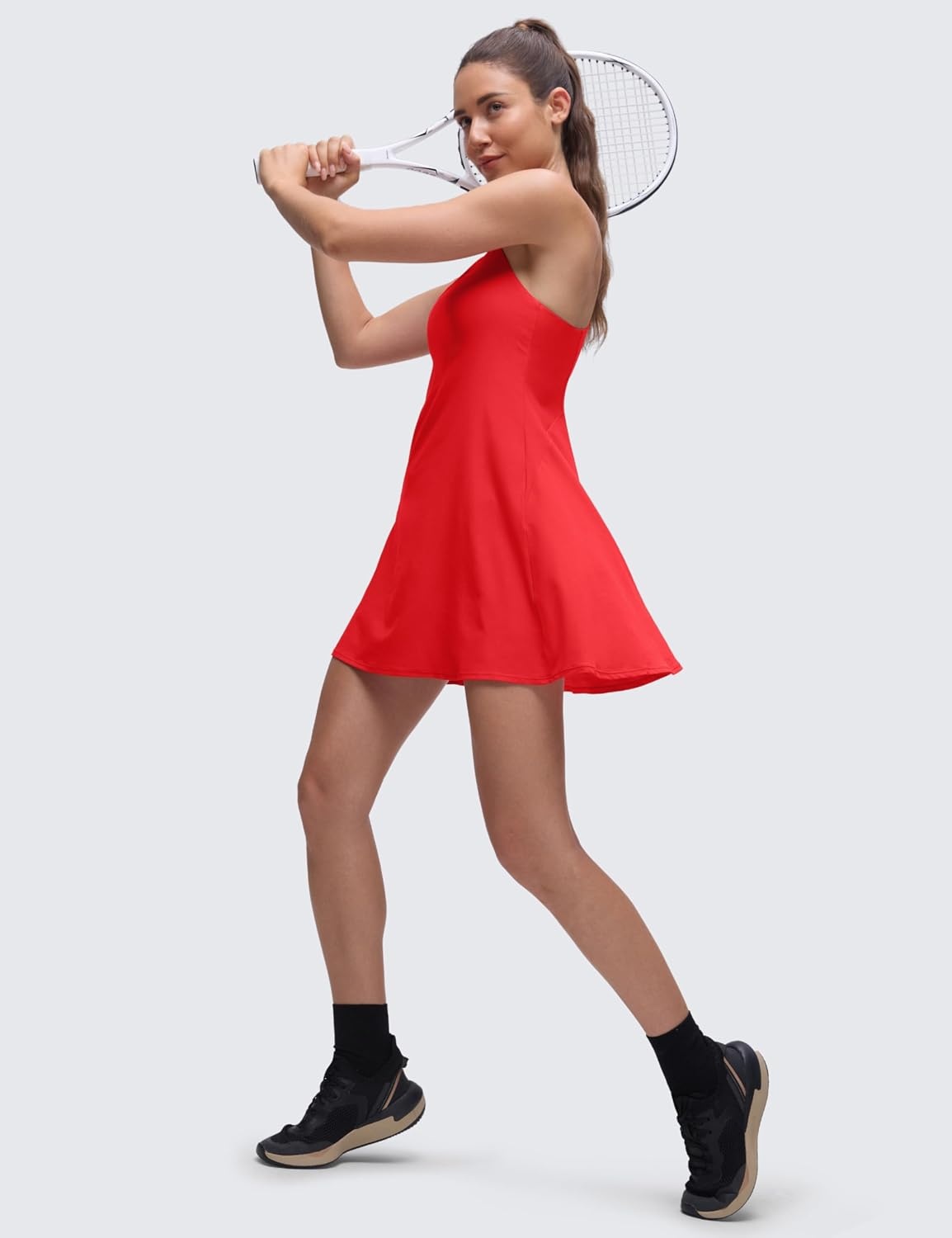 image:imageCRZ YOGA Lightweight Drapey Spagheii Straps Tennis Dress for Women Mini Flowy Golf Outfits with Bras and Short LinerDeep Red